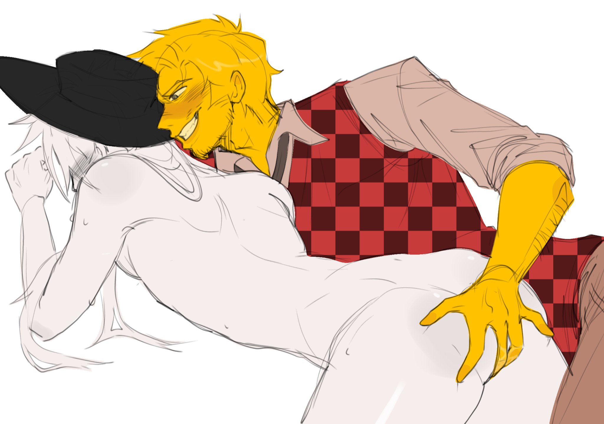 2boys, 2guys, 2male, 2males, artful (die of death), ass grab, bent over, black hat, covered face, devesto, die of death (roblox), face obscured, fingering, fully clothed, fully nude, grey blush, grey eyes, grin, long hair, long hair male, male, nefarmal, roblox, roblox game, robloxian, self upload, tagme, vest, white background, white body, white hair, white skin, yaoi, yellow body, yellow hair, yellow skin