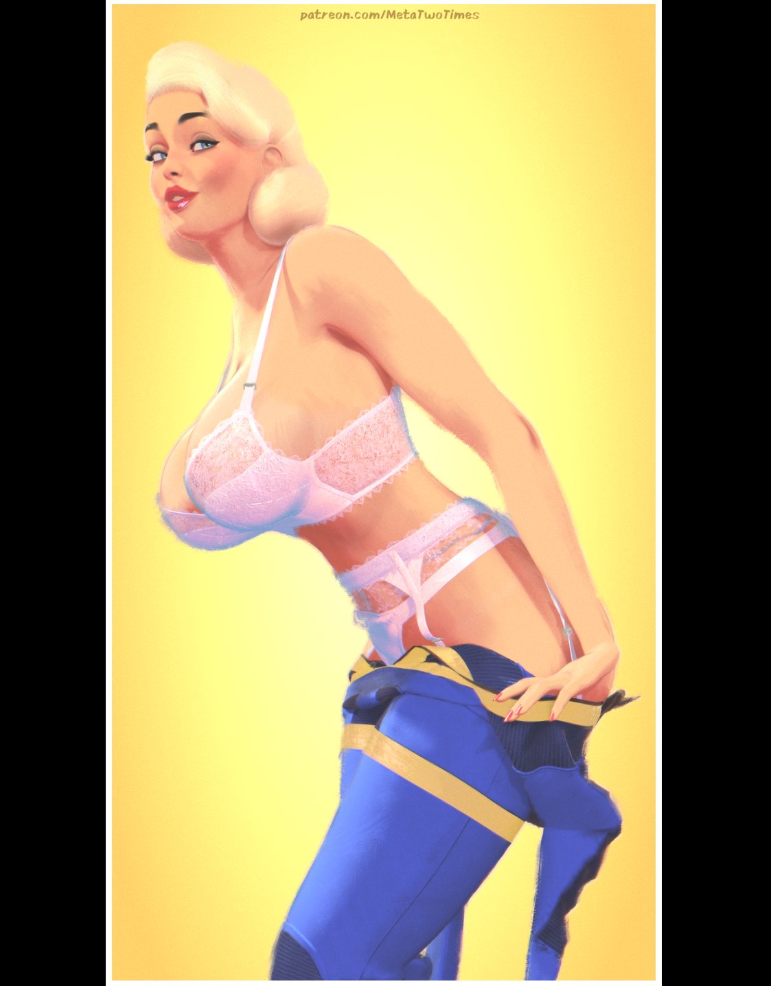 1950s, 50s, big breasts, blonde female, blonde hair, breasts, fallout, female, garter straps, lingerie, long nails, makeup, metameta/metatwotimes, pillarboxed, pinup, red nails, short hair, small nose, solo female, tight clothing, undressing, vault girl, vault suit