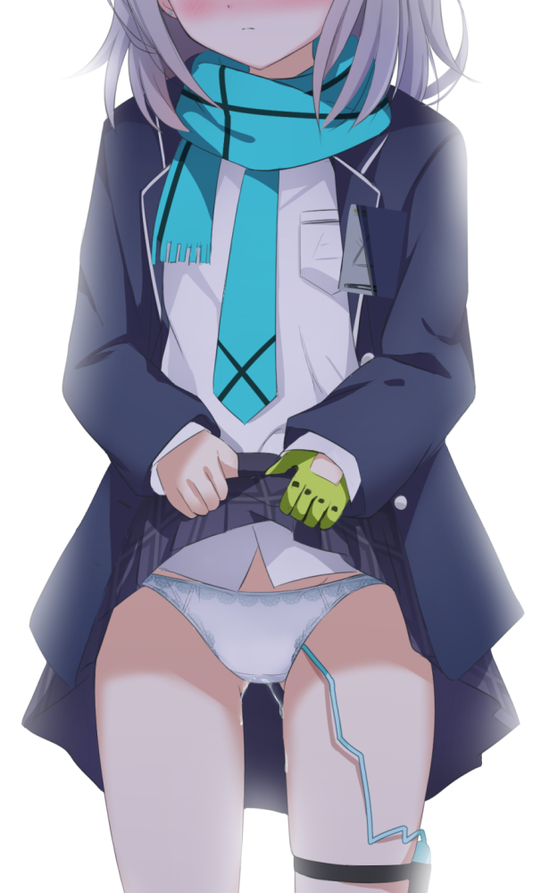 blue archive, blue scarf, blush, clothes lift, female, gloves, green gloves, grey hair, head out of frame, jacket, kaze (kaze kaza), lifting own clothes, long sleeves, necktie, open clothes, open jacket, panties, scarf, school uniform, sex toy, shiroko (blue archive), shirt, simple background, single glove, skirt, skirt lift, solo, thigh strap, underwear, vibrator, vibrator cord, vibrator under clothes, white background, white panties, white shirt