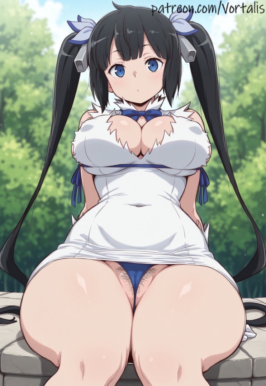 ai generated, big breasts, black hair, breasts, dungeon ni deai wo motomeru no wa machigatteiru darou ka, female, female pubic hair, hairy pussy, hestia (danmachi), pubic hair, pussy, thick thighs, thong, twintails, vortalis