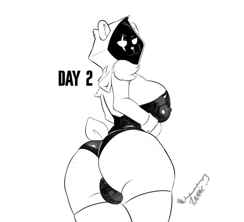 2025, anthro, ass, backsack, balls, ballsack, bear, bear ears, bear tail, big butt, bunny costume, butt focus, clothed, clothing, costume, digital drawing (artwork), digital media (artwork), ears through headwear, epic games, eye scar, facial scar, fortnite, futa only, futanari, genitals, hi res, hood, humanoid, intersex, legwear, looking at viewer, mammal, nipple outline, rammie (miel), raven team leader, scar, shadow face, simple background, solo, solo anthro, taking off belt, text, thick thighs