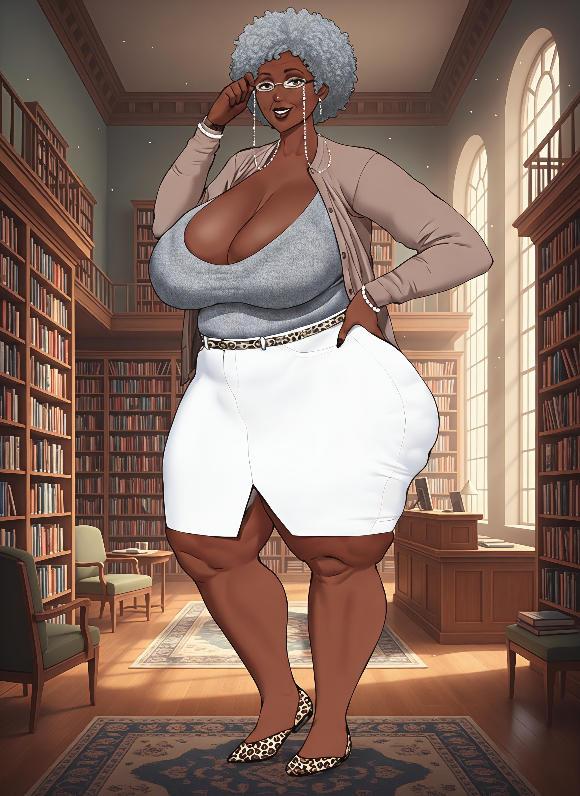 1girls, african female, afro, ai generated, bbw, bbw mom, big ass, big breasts, black gilf, black woman, breasts, cellulite, cleavage, dark skin, dark-skinned female, female, female only, gilf, glasses, granny, gray hair, grey hair, hand on glasses, hand on hip, librarian, library, mature, mature female, mature woman, milf, original, original character, plump, skirt, solo, solo female, thick ass, thick thighs, wedge heels