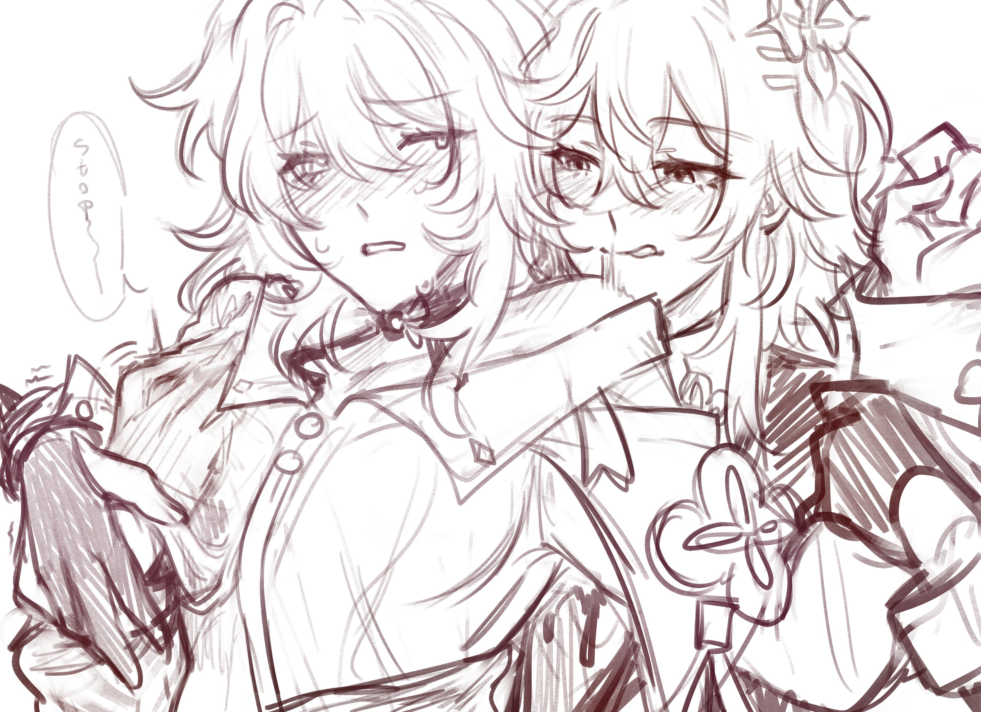 blush, clothed, clothes, clothing, dominant female, dubious consent, evernight (honkai: star rail), female, female focus, female only, honkai (series), honkai: star rail, implied sex, march 7th (honkai: star rail), molesting, selfcest, short hair, submissive female, suggestive, suggestive look, suggestive pose, yuri, znaki xx