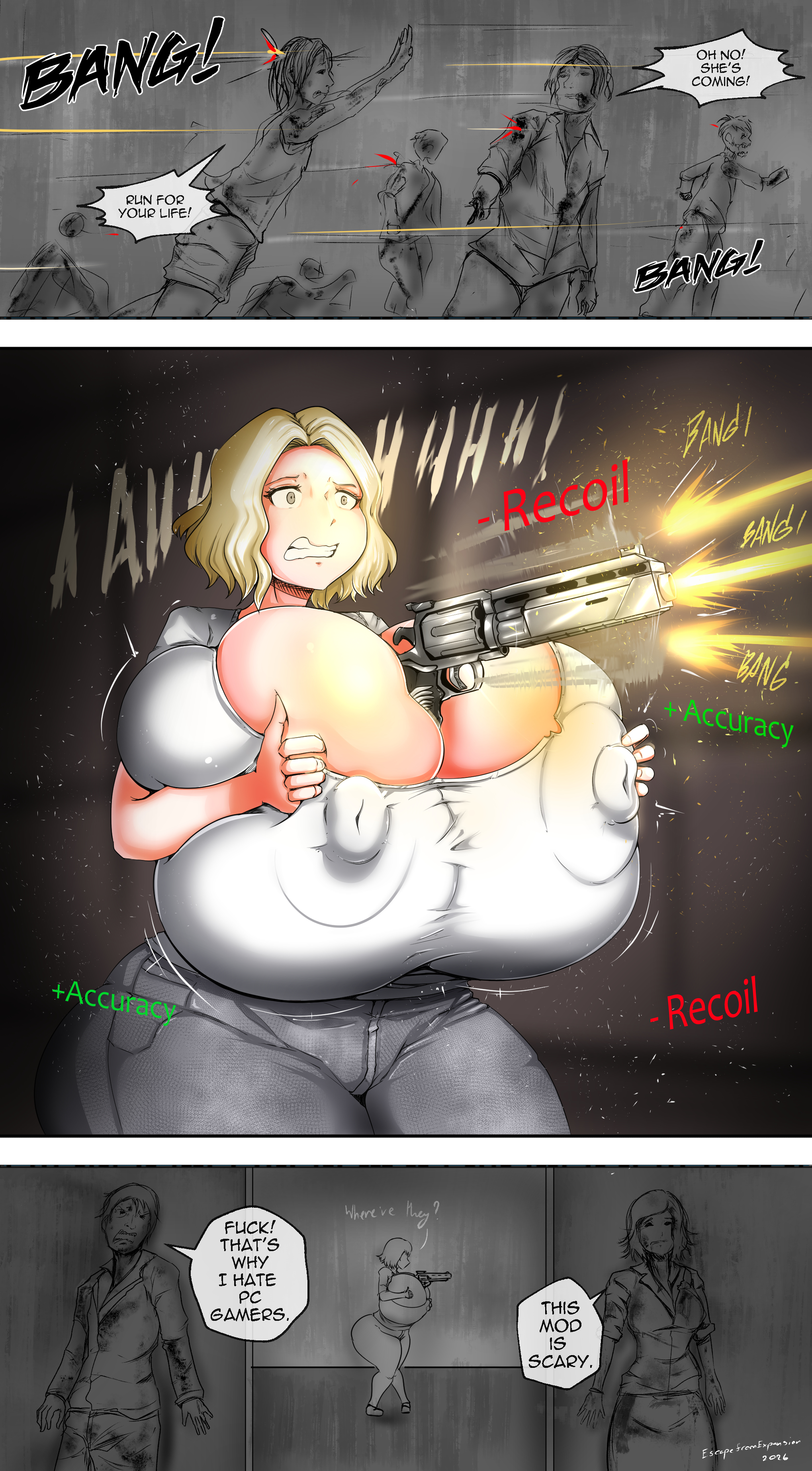 2026, big breasts, breast expansion, capcom, clothing, dialogue, escapefromexpansion, female, firearm, grace ashcroft, gun, handgun, huge breasts, human, humor, hyper breasts, male, massive breasts, nipple bulge, requiem (gun), resident evil, resident evil 9: requiem, revolver, shooting, tagme, weapon, zombie