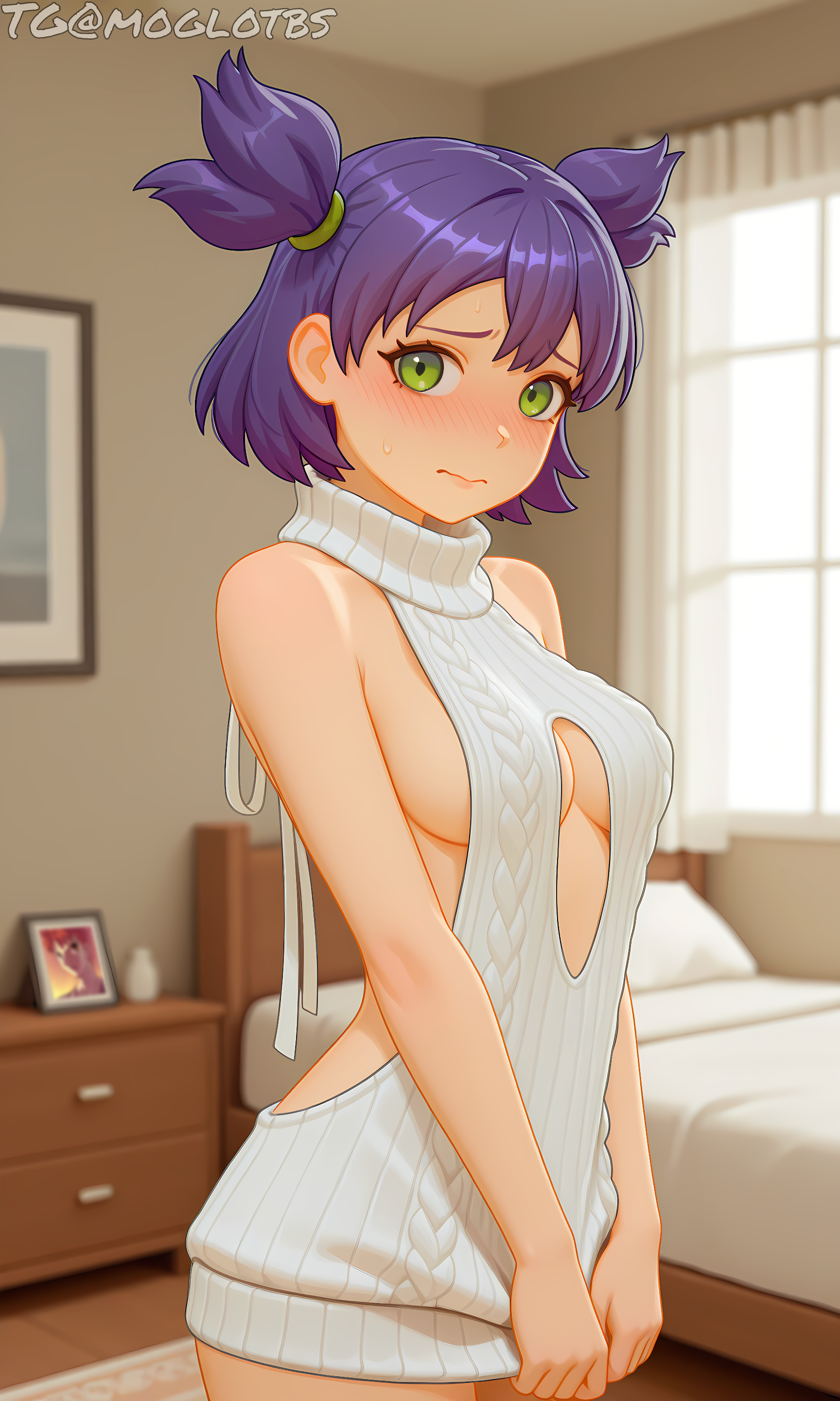 ai assisted, ai generated, blush, breasts, everlasting summer, female, indoors, lena (everlasting summer), looking at viewer, medium breasts, moglotbs, nervous, simple background, solo, standing, sweater, tagme, thighs, virgin killer sweater