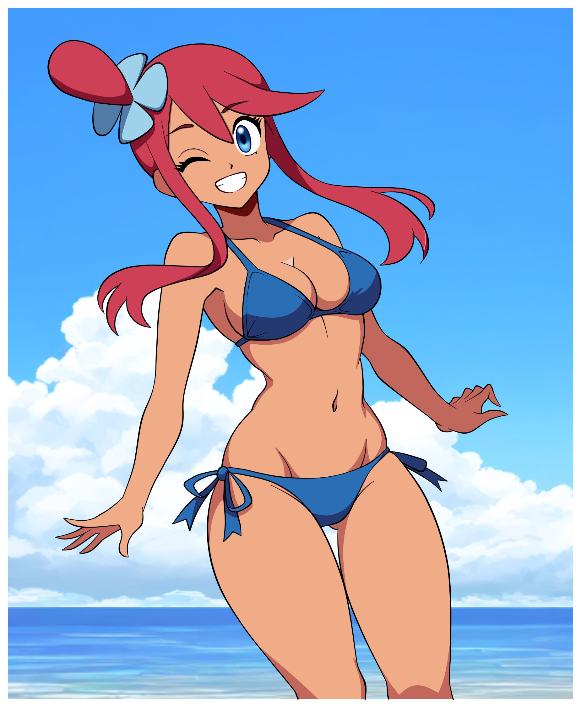 1girls, 2d, beach, bikini, blue eyes, female, game freak, light skin, looking at viewer, navel, nintendo, outdoors, pokemon, pokemon bw, red hair, skyla (pokemon), smile, solo, solo female, tagme, white border, winking, woomy1010