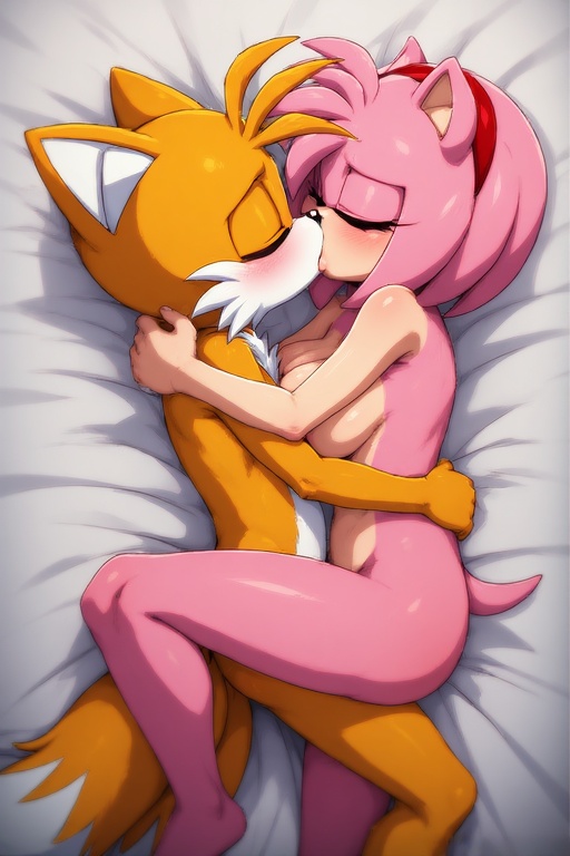 accessory, ahrefd, ai generated, amy rose, anthro, anthro on anthro, bed, blush, breasts, closed eyes, duo, embrace, female, fox, hair, hair accessory, hairband, hedgehog, hug, hugging, interspecies, kiss on lips, kissing, male, male/female, miles tails prower, naked, nude, orange body, orange fur, pink body, pink fur, pink hair, sega, sex, sonic (series), sonic the hedgehog (series), tails, tails the fox, video games