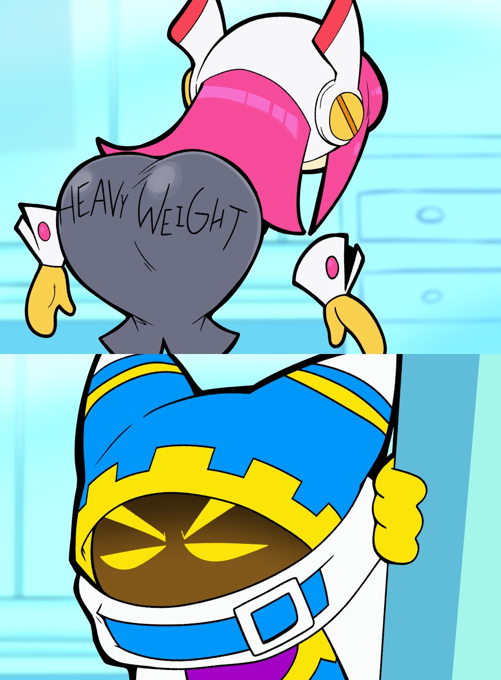 1boy, 1girls, 2025, 2d, 2d (artwork), alien, ass, ass focus, big ass, big butt, clothed, clothed female, clothing, dexter's laboratory, female, hal laboratory, humor, kirby (series), kirby planet robobot, magolor, male, meme, nintendo, pink hair, reference, scott falco, scottfalco (artist), susanna patrya haltmann, susie (kirby), susie is actually a heavyweight rider, writing on ass, writing on butt