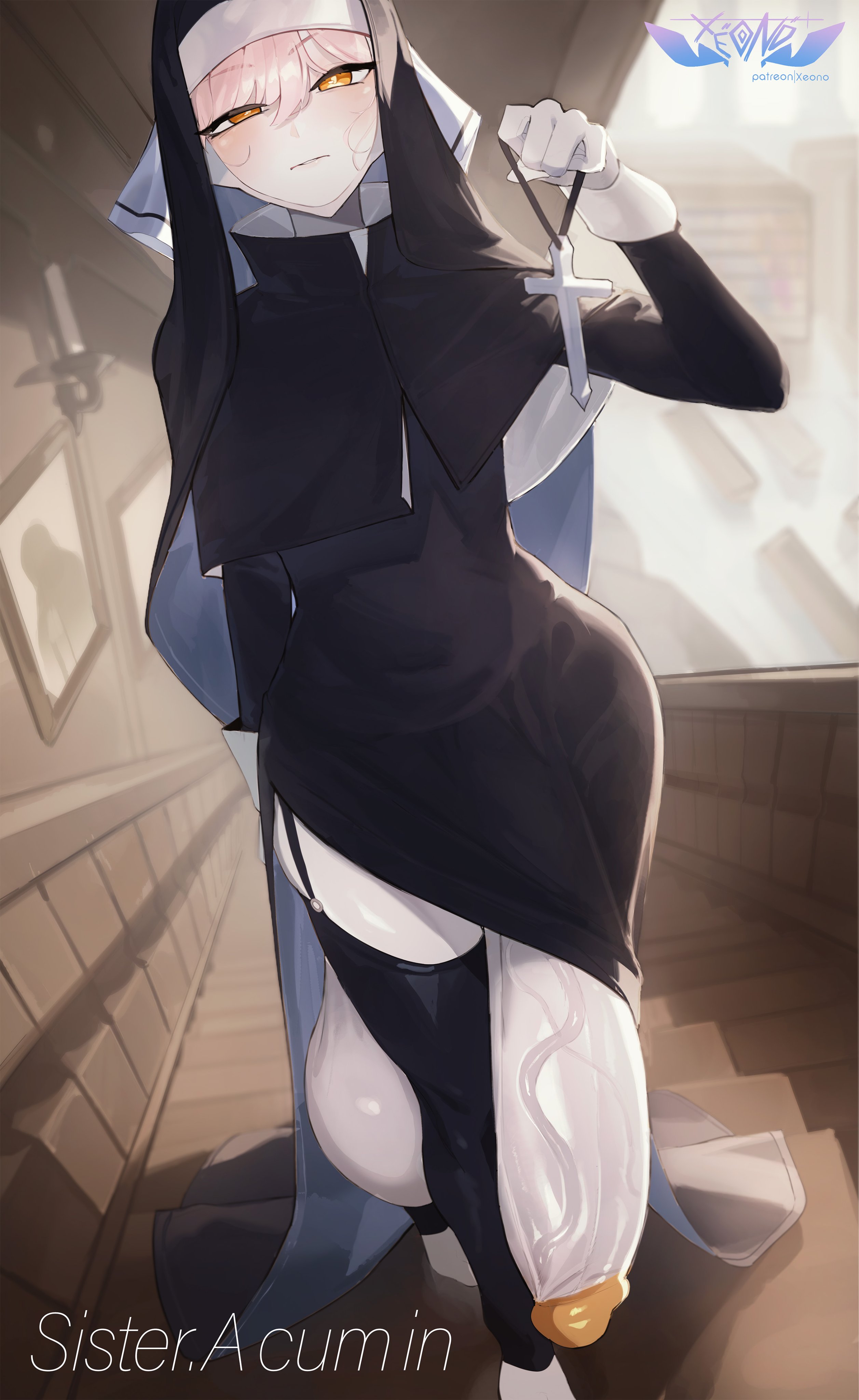 1futa, balls, blonde hair, bottomless, breasts, clothed, clothing, cross, furanari, futa only, futanari, gynomorph, huge balls, huge cock, humanoid, humanoid penis, intersex, looking at viewer, mostly clothed, nun, nun outfit, nun's habit, orange eyes, penis, sister acumin (xeono), solo, watermark, white skin, xeono