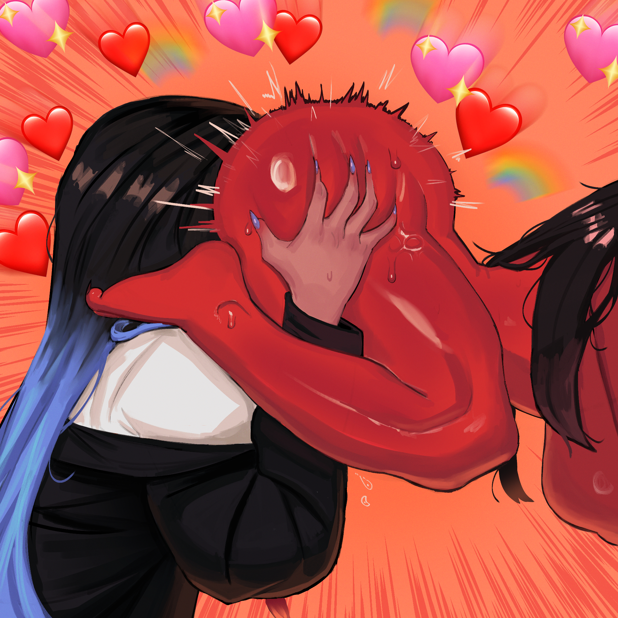 2girls, black hair, brown skin, eating pussy, face in ass, female, lesbian sex, licking pussy, osumaruart, pussy, red skin, self upload, yuri