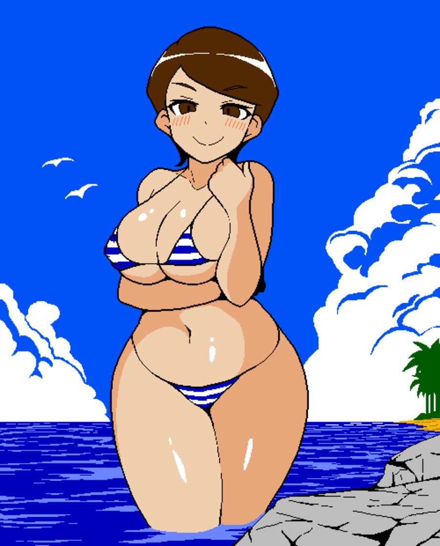1girls, 2d, beach, big breasts, bikini, bikini only, blush, breasts, brown eyes, brown hair, fukei (jermaneels), jermaneels, large breasts, navel, pixel art, smile, strip rock-paper-scissors - police edition, striped bikini, thick thighs, thighs