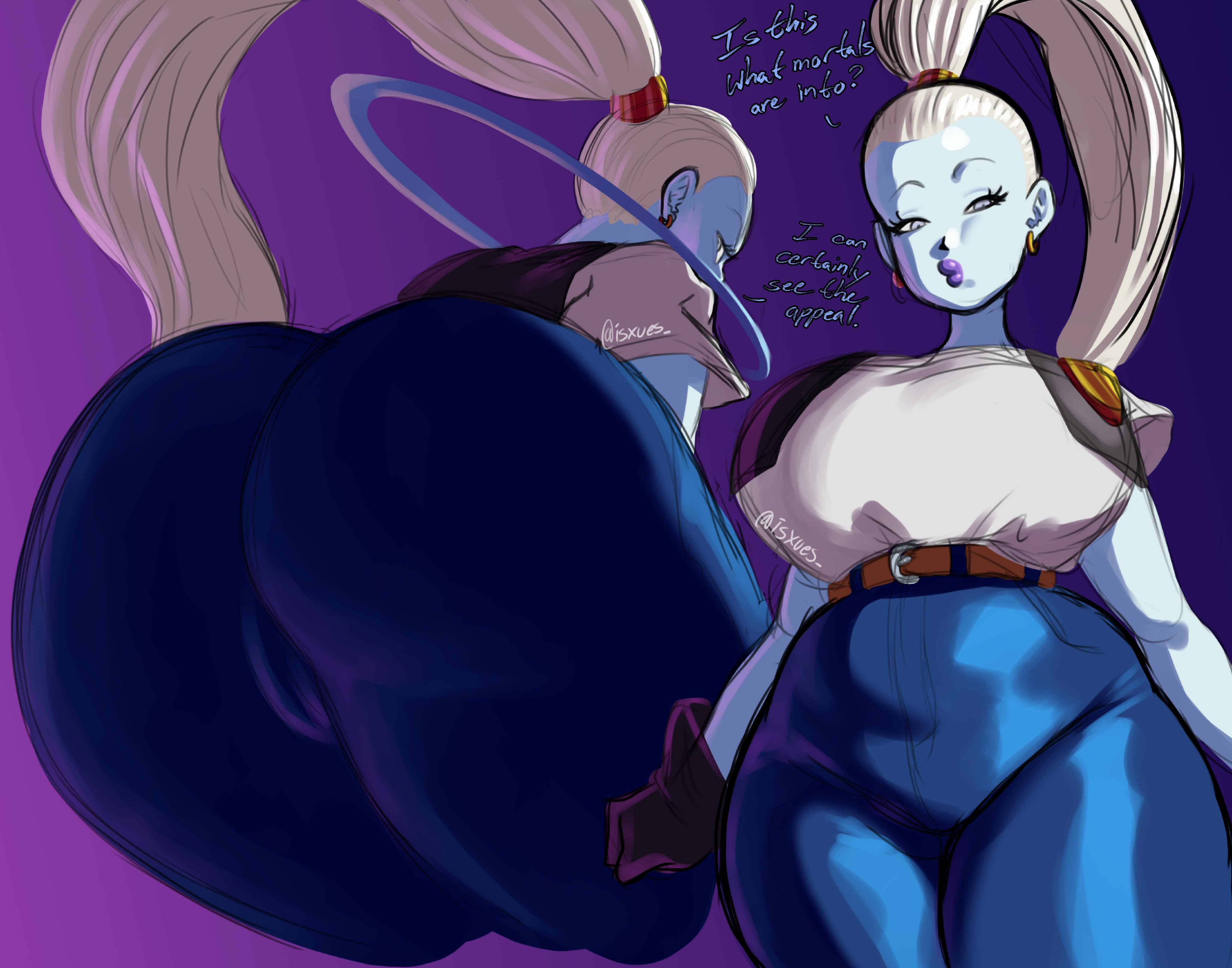 1girls, android 18 (cosplay), angel, ass, big ass, big breasts, blue skin, breasts, cameltoe, cosplay, dragon ball, dragon ball super, dragon ball z, english text, female, female only, huge ass, huge breasts, isxues, large ass, large breasts, long hair, ponytail, pussy, text, vados, white hair