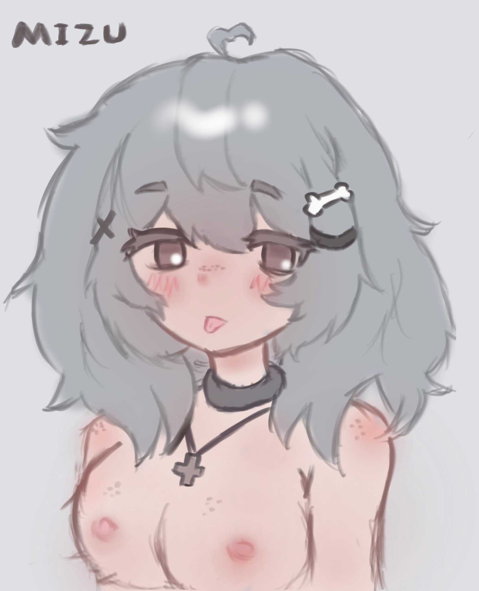 1girls, big breasts, blue hair, blush, blushing female, breasts, collar, cross necklace, fanart, fanart from twitter, female, hair, hair ornament, katomnealy, mizu (yourmizuki), original, original character, solo, solo female, tagme, tongue, tongue out, yourmizuki