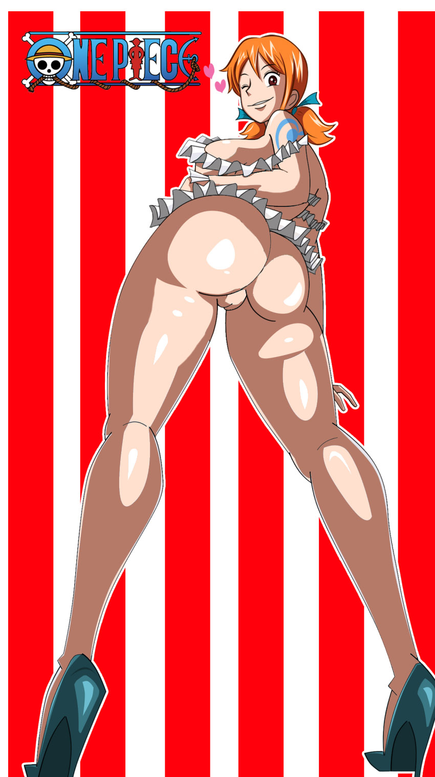 ass, back view, brown eyes, cameltoe, clothing, color, edit, female, female only, grimphantom, high heels, human, nami (one piece), nude edit, one piece, orange hair, photoshop, pose, pre-timeskip, pussy, solo, standing, tattoo, wendy thomas (cosplay), wendy's, wink