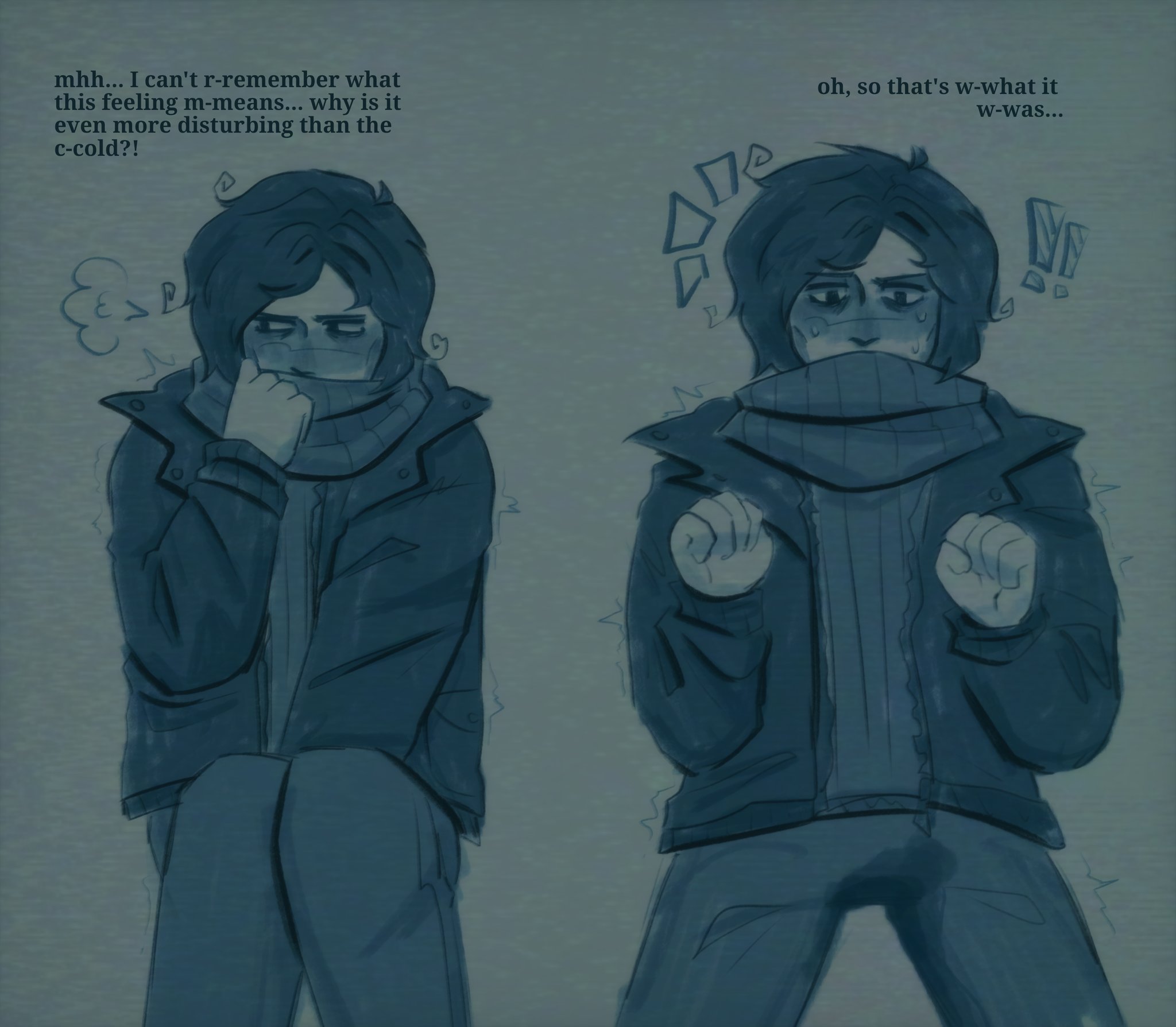 1boy, accident, blushing male, blushing profusely, coat, coat guy (no, i'm not a human), confused, fetish, flustered, fully clothed, fully clothed male, hand in pants, kemikesha (artist), male, male only, no, i'm not a human, peeing, piss soaked, pissing, scarf, scarf over mouth, shocked, shy, solo, touching self, urinating male, urination, urine, wetting self