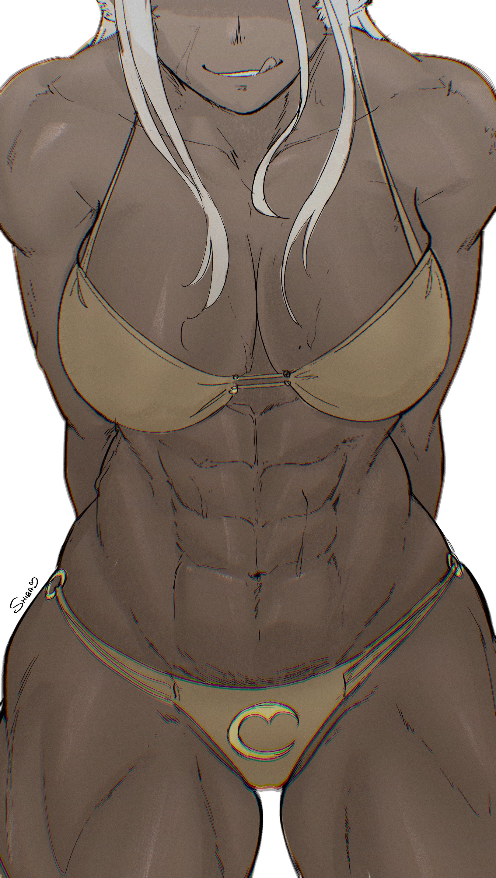 1girls, abs, bikini, breasts, cleavage, dark skin, dark-skinned female, eyes out of frame, female, head out of frame, hi res, large breasts, miruko, muscular, muscular female, my hero academia, navel, rumi usagiyama, shibarinsfw, shibbunny, signature, simple background, solo, tongue out, white background, white hair, yellow bikini