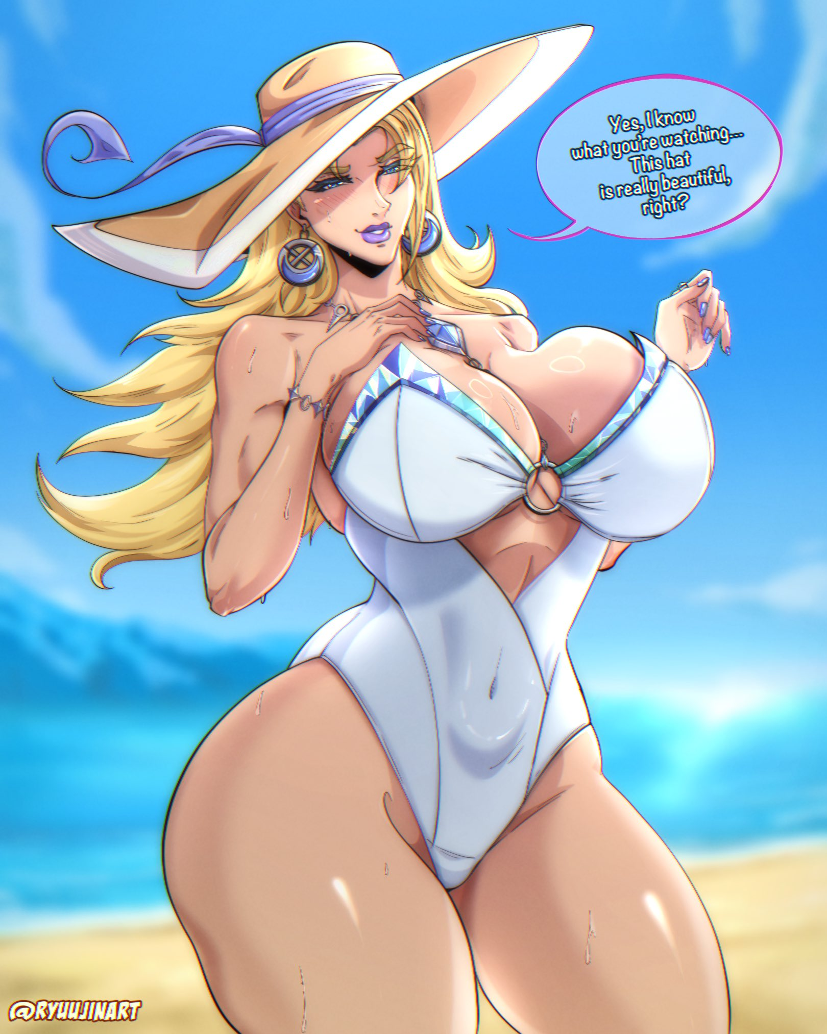 1girls, 2d, big breasts, blonde hair, caught staring, clothed, clothing, emma frost, emma frost (marvel rivals), emma frost (white wave queen), female, female only, fully clothed, light skin, light-skinned female, long hair, marvel, marvel comics, marvel rivals, ryuujinart, solo, swimsuit, x-men