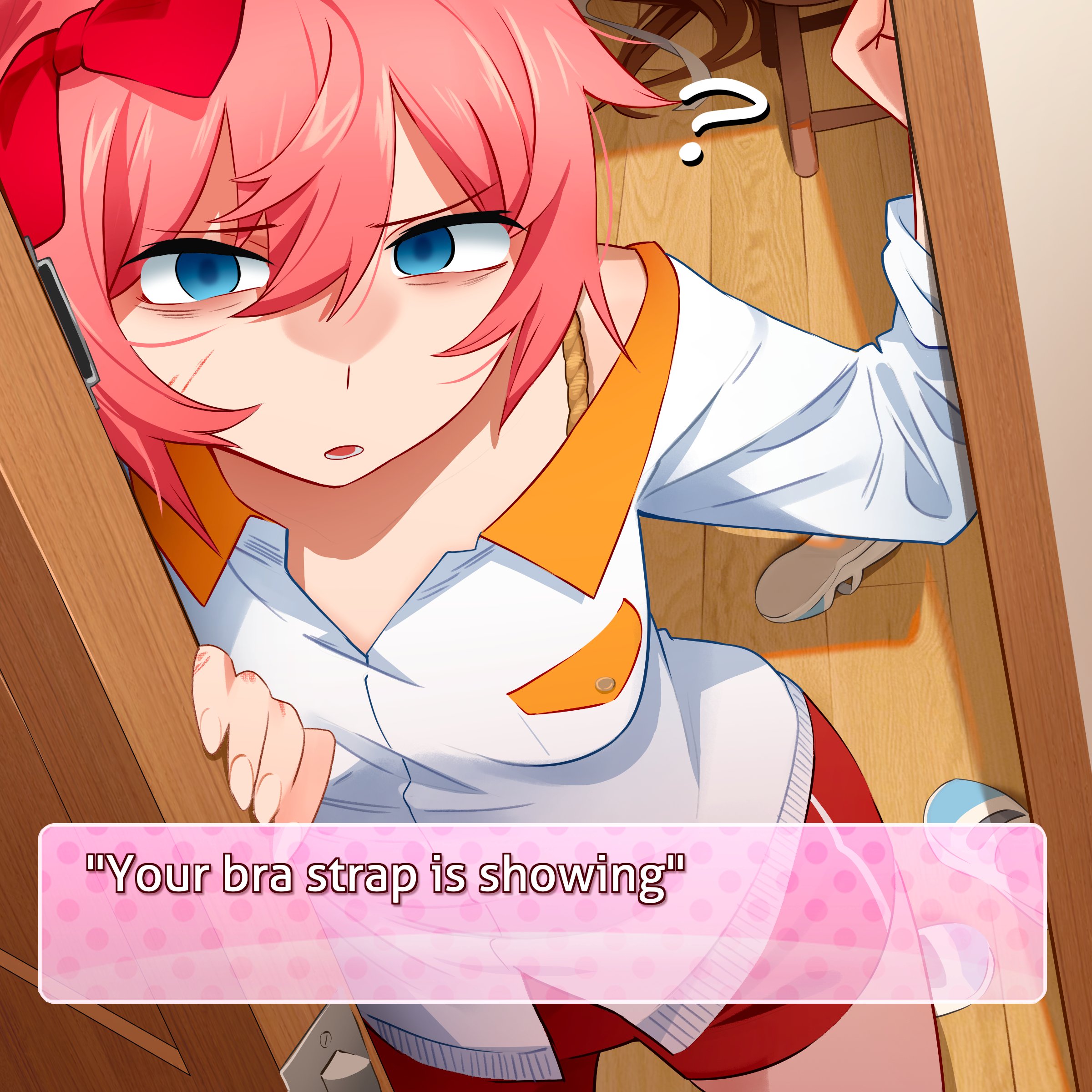2girls, bags under eyes, blue eyes, bra strap is showing (meme), confused, confusion, doki doki literature club, door, door frame, doorway, english text, hair ornament, hair ribbon, humor, khyleri, looking at viewer, pink hair, point of view, pov, question mark, red ribbon, rope, sayori (doki doki literature club), shirt, shoes, shoes removed, shorts, solo, speaking, step, stool, tagme, talking, text, text box