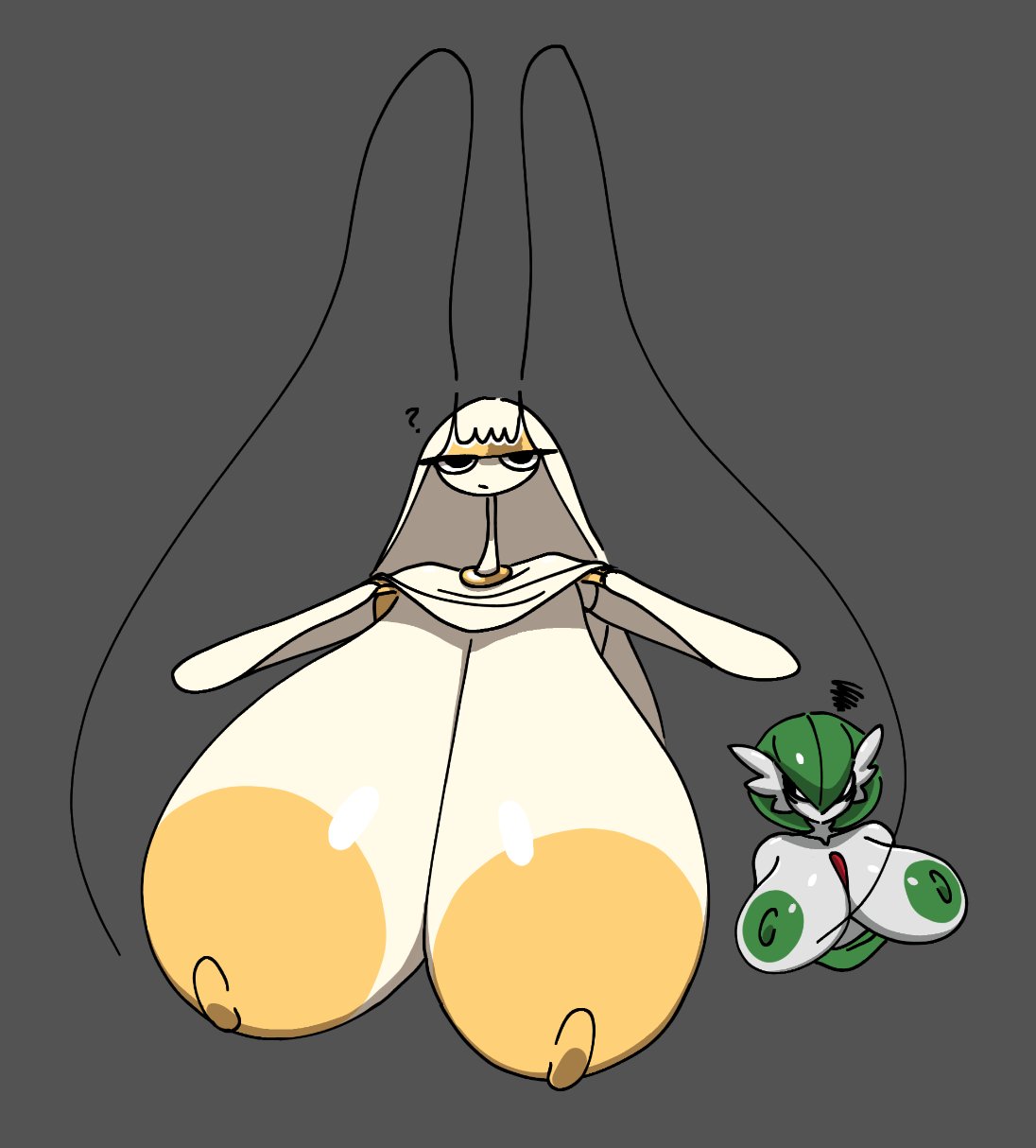 ?, 2girls, areola, areolae, big areola, big breasts, big nipples, breast envy, breast size difference, breasts, breasts bigger than head, erect nipples, female, female only, gardevoir, green areola, hanging breasts, huge areolae, huge breasts, huge nipples, large breasts, lifting clothing, multiple females, multiple girls, nipples, nsfwoaf, pheromosa, pokémon (species), pokemon, pokemon (species), yellow areola