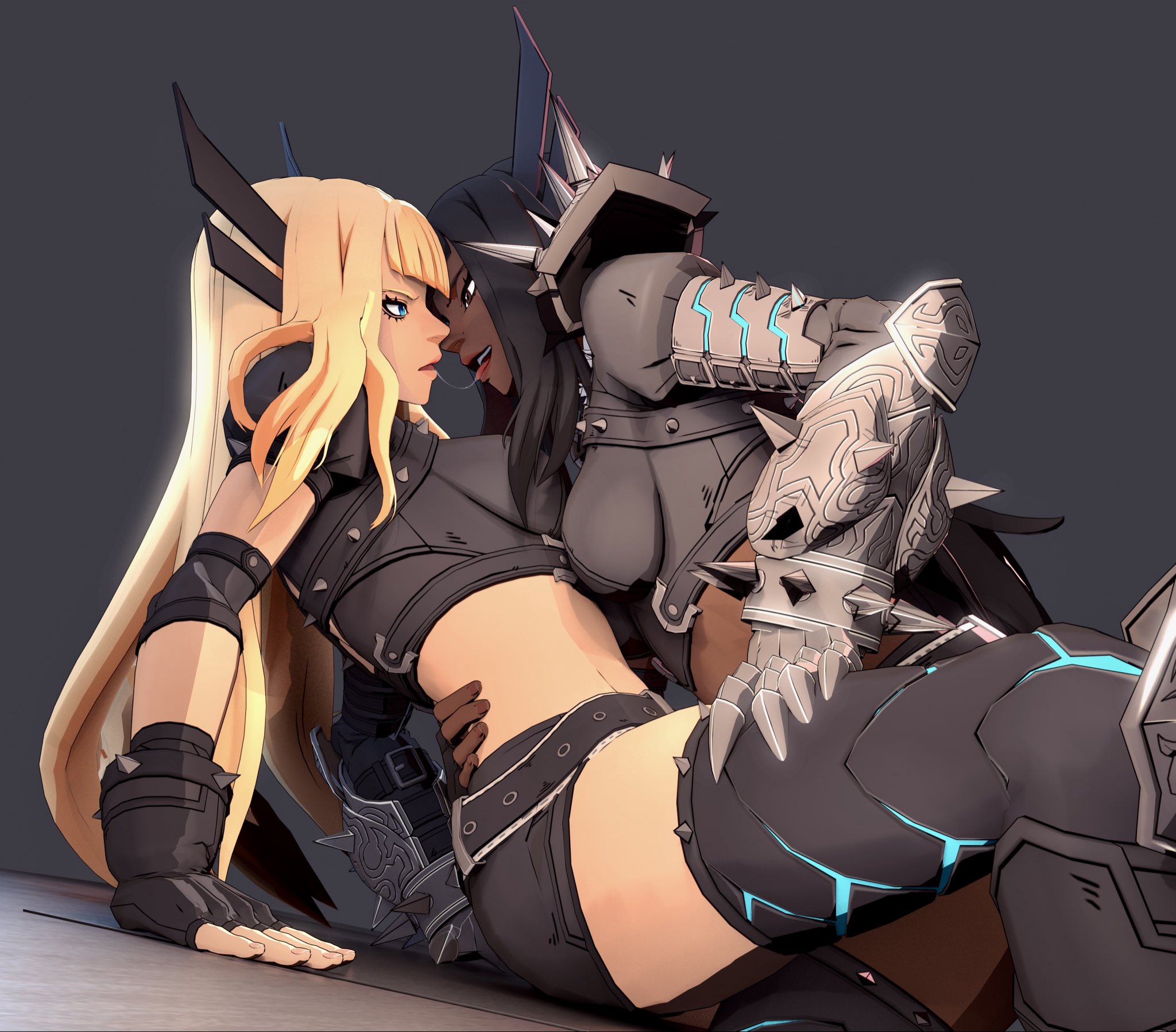 2girls, 3d, alternate skin color, armor, belly, belt, black hair, blackwashed, blonde female, blonde hair, blue eyes, bracelet, breasts, dark skin, dark-skinned female, dual persona, female, female focus, female only, gloves, hair ornament, hi res, light skin, light-skinned female, long hair, magik (illyana rasputin), magik (marvel tokon), marvel, marvel comics, marvel tokon: fighting souls, midriff, race swap, saliva trail, selfcest, shorts, stomach, tagme, thighhighs, yuri