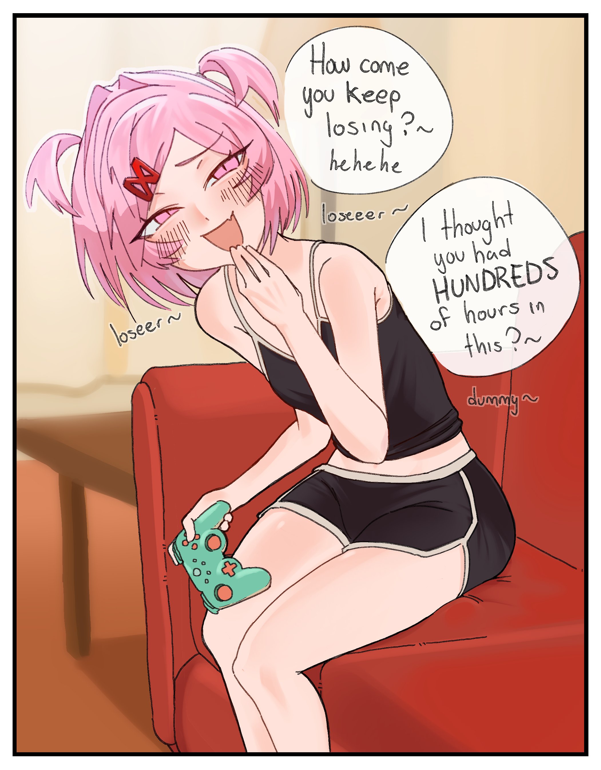 1girl, absurd res, absurd resolution, absurdres, adorable, background, bare shoulders, black shirt, black shorts, couch, covering own mouth, ddlc, doki doki literature club, english text, exspiravitbag, feet out of frame, from side, hand over own mouth, hand up, handheld game console, hi res, high quality, high resolution, highres, holding, holding handheld game console, jpg, looking at viewer, midriff, natsuki (doki doki literature club), on couch, open mouth, pink eyes, pink hair, questionable, serenity forge, shirt, short hair, short twintails, shorts, sitting, sleeveless, sleeveless shirt, solo, speech bubble, team salvato, teasing, thighs, turning head, twintails