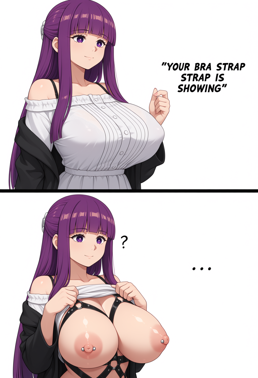 1girls, ai generated, bra, bra strap is showing (meme), english, english dialogue, english text, female, female only, fern (sousou no frieren), flashing, flashing bra, frieren beyond journey's end, solo, solo female, sousou no frieren, tagme