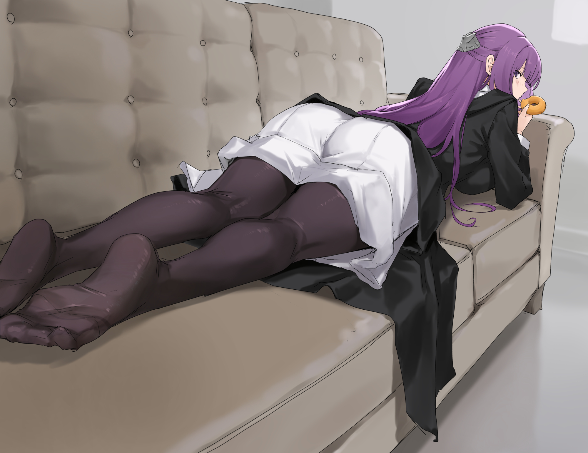 1girl, black pantyhose, black robe, blush, commentary, couch, donut, dress, eyelashes, feet, fern (sousou no frieren), food, foreshortening, frieren beyond journey's end, from behind, full body, hair ornament, highres, holding, indoors, legs, long hair, long sleeves, looking back, lying, meme, no shoes, on couch, on stomach, pantyhose, photo-referenced, purple eyes, purple hair, robe, soles, solo, sousou no frieren, toes, white dress