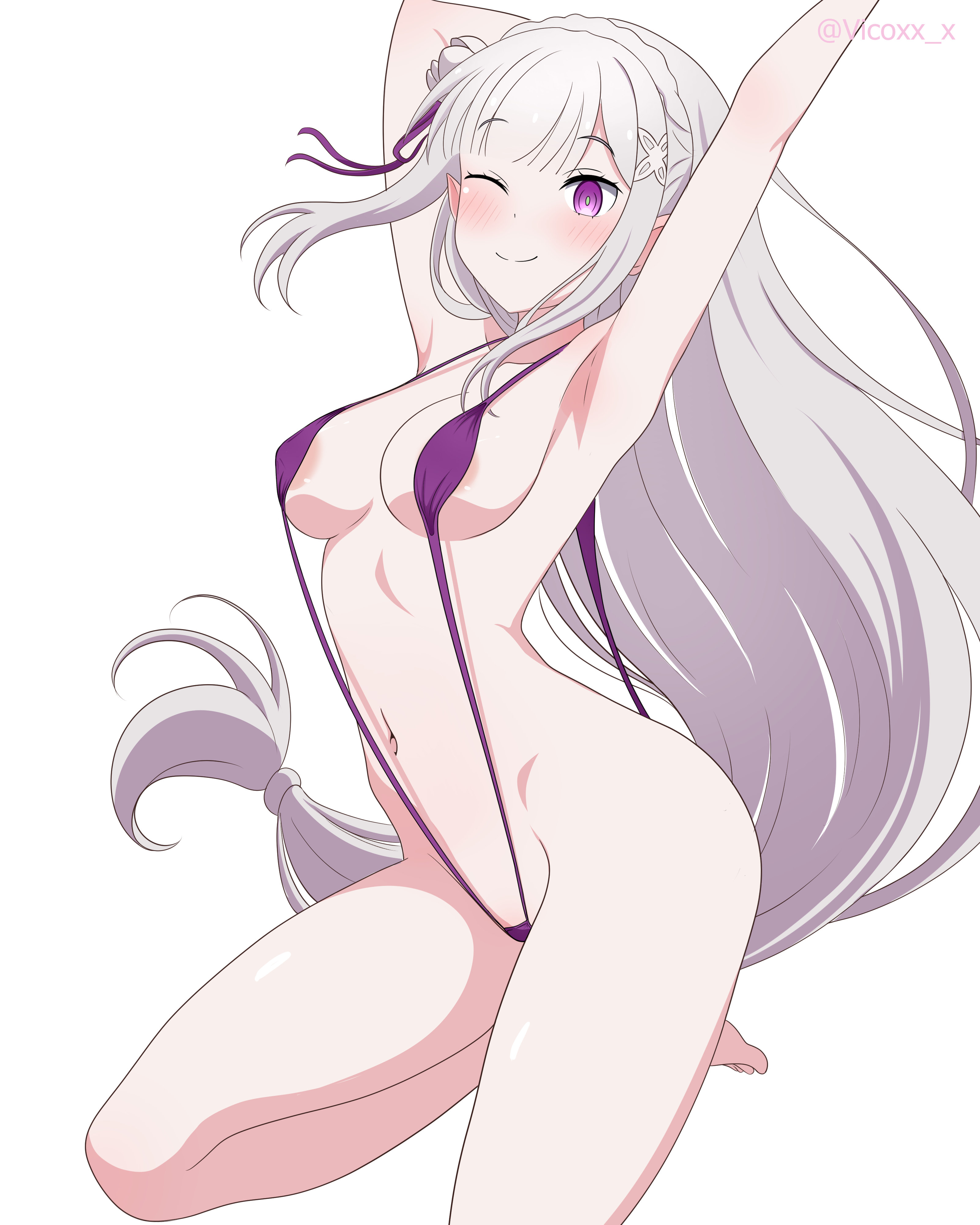 elf, emilia (re:zero), female elf, light-skinned female, re:zero kara hajimeru isekai seikatsu, silver hair, vicoxx, white hair, x hair ornament