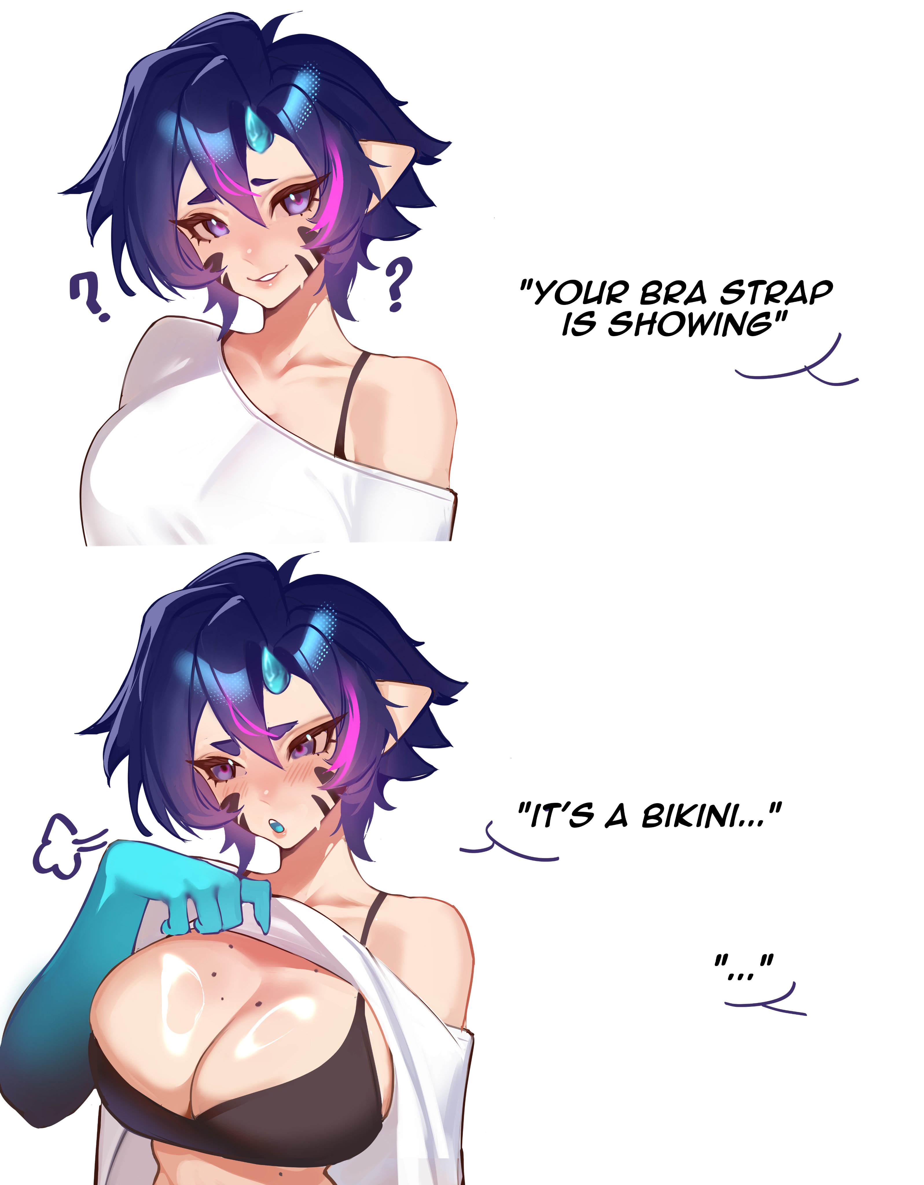 ?, 1girl, absurdres, averting eyes, bikini, black bikini, bra strap is showing (meme), breasts, cleavage, clothes lift, colored tongue, facial mark, green hands, green tongue, hair between eyes, highres, horns, indie virtual youtuber, large breasts, looking at viewer, meme, mole, mole on breast, multicolored hair, multiple expressions, open mouth, pink streaks, pointy ears, purple eyes, purple hair, shirt, shirt lift, short hair, single horn, streaked hair, sulia, suliavtuber, swimsuit, virtual youtuber, white background, white shirt