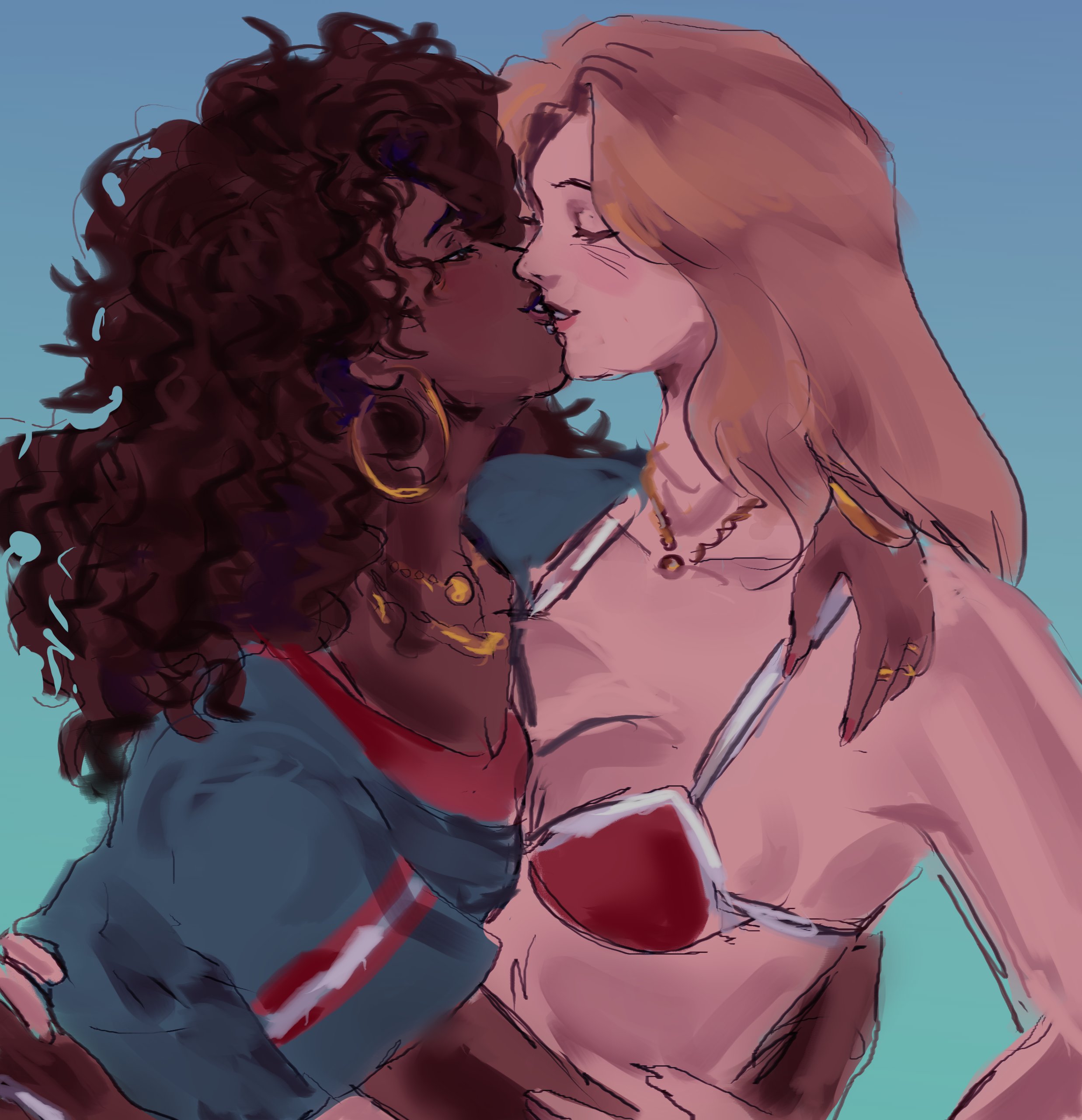 2girls, bikini, female, female only, grand theft auto, grand theft auto v, grand theft auto vi, gtav cover girl, interracial, interracial yuri, kiss, kissing, makeout, making out, red bikini, shirt, twitter, unnamed character, video game character, video game franchise, video games, yuri