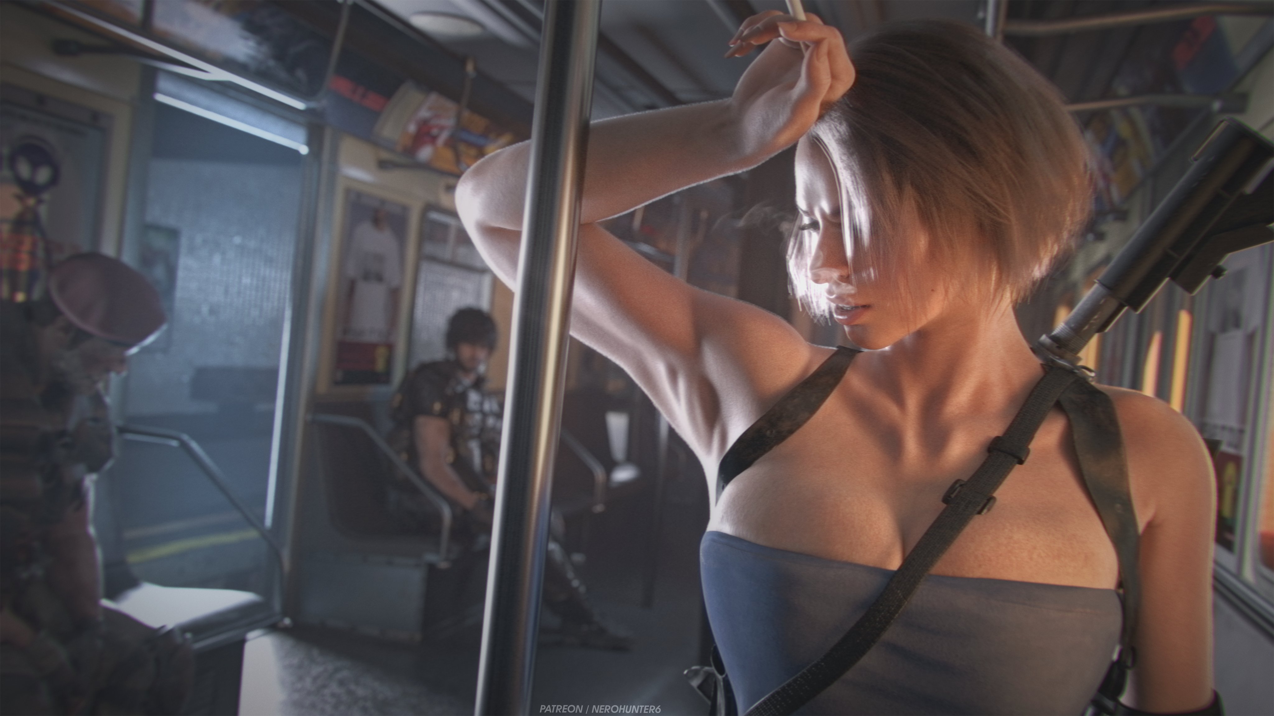 1girls, 2boys, 3d, 3d artwork, 3d render, arm up, armpit, athletic female, big breasts, boob window, breasts, brown hair, carlos oliveira, female, female focus, gun, hi res, high resolution, highres, huge breasts, indoors, jill valentine, jill valentine (sasha zotova), male, mikhail victor, movie reference, muscular female, nerohunter6, reference image, resident evil, resident evil 3, resident evil 3 remake, round breasts, short hair, toned, toned arms, train, weapon