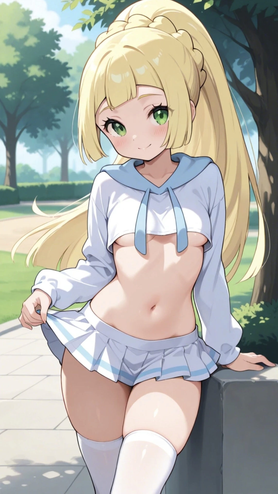 1girls, ai generated, bangs, big eyes, blonde, blonde female, blonde hair, blonde hair female, commentary request, crop top, cute, cute face, female, female focus, girly, green eyes, hair, hoodie, lia the busty redhead, lillie (pokemon), long hair, long sleeves, midriff, miniskirt, navel, outdoors, outside, park, pelvic line, petite, petite body, petite breasts, petite female, pleated skirt, pokemon, pokemon sm, ponytail, self upload, skirt, skirt lift, small breasts, straight bangs, straight hair, tagme, thighhighs, thighs, underboob, white clothing, white thighhighs