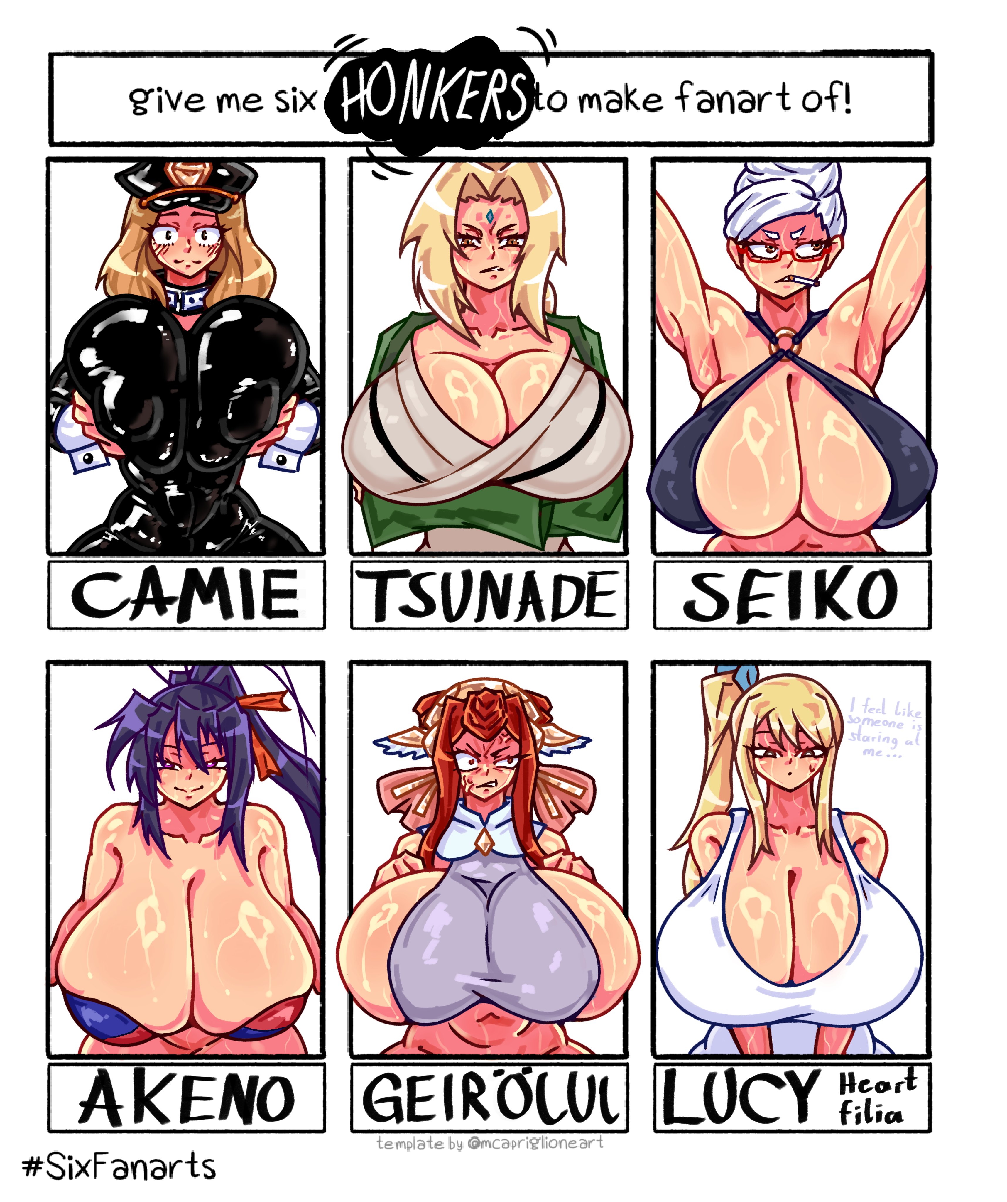 6girls, akeno himejima, angry, armpits, arms up, ayase seiko, bikini, black hair, blonde hair, blue bow, boku no hero academia, breast rest, breast squeeze, breast suppress, camie utsushimi, cleavage, dandadan, embarrassed, fairy tail, geirolul (shuumatsu no valkyrie), hat, high school dxd, huge breasts, keyaruki, latex suit, looking away, lucy heartfilia, my hero academia, naruto (series), ponytail, red glasses, red hair, shuumatsu no valkyrie, sideboob, six fanarts challenge, sweat, text, tsunade, tummy fold, waist up, white hair, white tank top