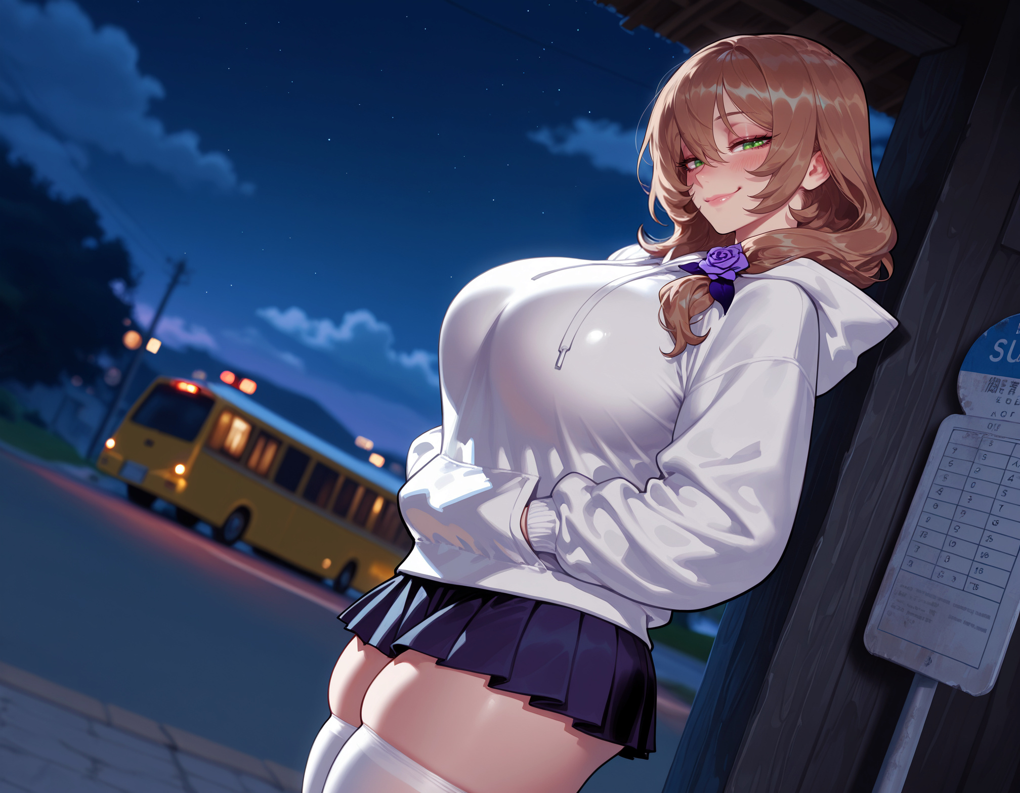 1girl, 1girls, ai generated, alternate costume, arabian clothes, balecxi, black skirt, blue skirt, blurry background, blush, breasts, brown hair, bus stop, closed mouth, clothing, cloud, curvaceous, curvaceous female, curvaceous figure, curvy, curvy figure, dutch angle, female, female focus, flower, genshin impact, green eyes, hair between eyes, hair flower, hair ornament, hands in pockets, harem outfit, hood, hood down, hoodie, hoyoverse, huge breasts, large breasts, leaning back, legwear, lips, lisa (genshin impact), long hair, long sleeves, looking at viewer, mihoyo, miniskirt, motor vehicle, night, night sky, outdoors, pleated skirt, purple flower, purple rose, rose, skindentation, skirt, sky, smile, solo, standing, star (sky), thick thighs, thighhighs, thighs, tree, uncensored, utility pole, voluptuous, voluptuous female, white hoodie, white thighhighs, zettai ryouiki