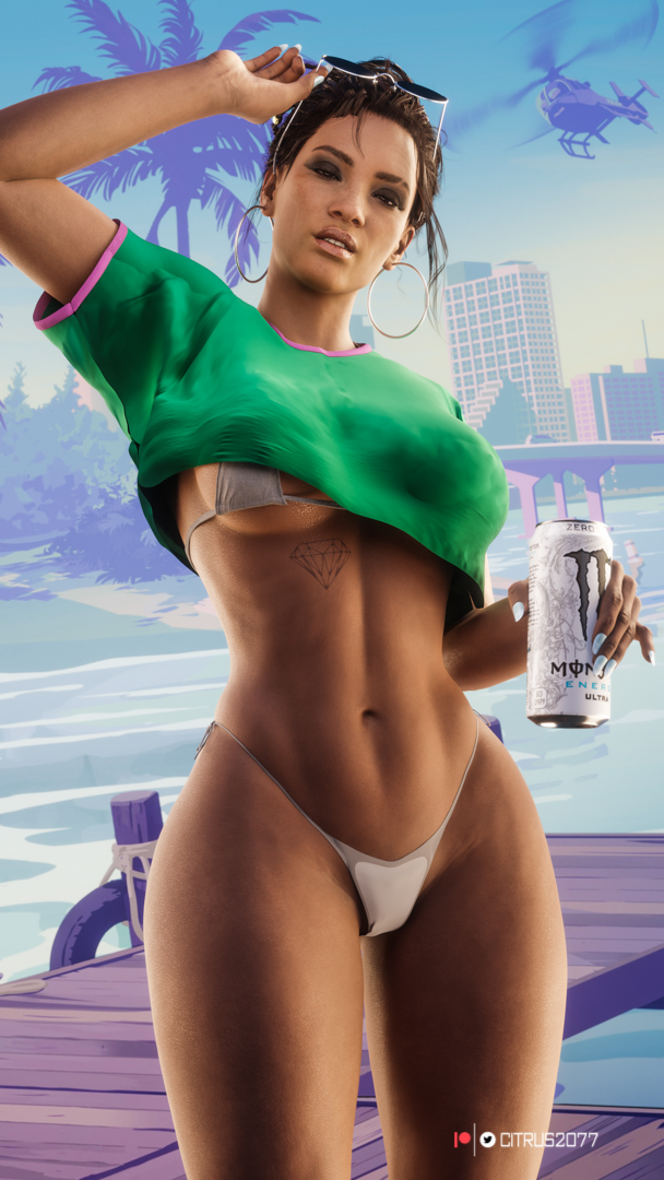 3d, bikini bottom, citrus2077, cosplay, crop top, crossover, crossover cosplay, cyberpunk (series), cyberpunk 2077, female, female only, female torso, glasses, grand theft auto, grand theft auto vi, gta vi cover girl, mature woman, panam palmer, rockstar games, shirt lift, shirt up, tattoos, thick thighs, thong, thong bikini bottom, watermark, white thong, wide hips