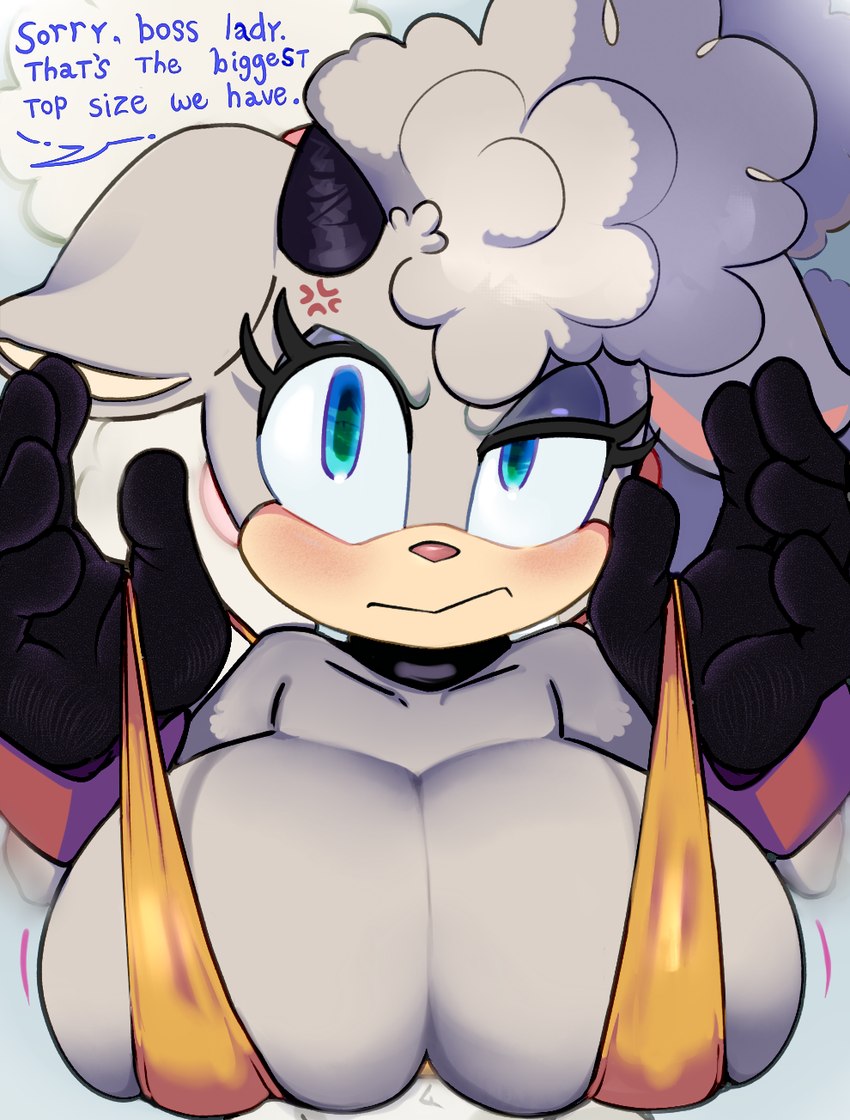 1girl, 1girls, anger vein, animal ears, animal nose, anthro, big breasts, bikini, black choker, black gloves, black horns, blue eyes, blue eyeshadow, blush, body fur, breasts, cleavage, closed mouth, clothing, english language, english text, eyeshadow, female, furry, furry female, gloves, green eyes, grey hair, half-closed eye, hands up, horizontal pupils, horns, huge breasts, lanolin the sheep, large breasts, looking at viewer, makeup, mammal, purple eyeshadow, raised eyebrow, sheep ears, sheep girl, sheep horns, single horn, slingshot swimsuit, solo, sonic (series), sonic the hedgehog (idw), speech bubble, swimsuit, text, uneven eyes, upper body, white fur, white hair