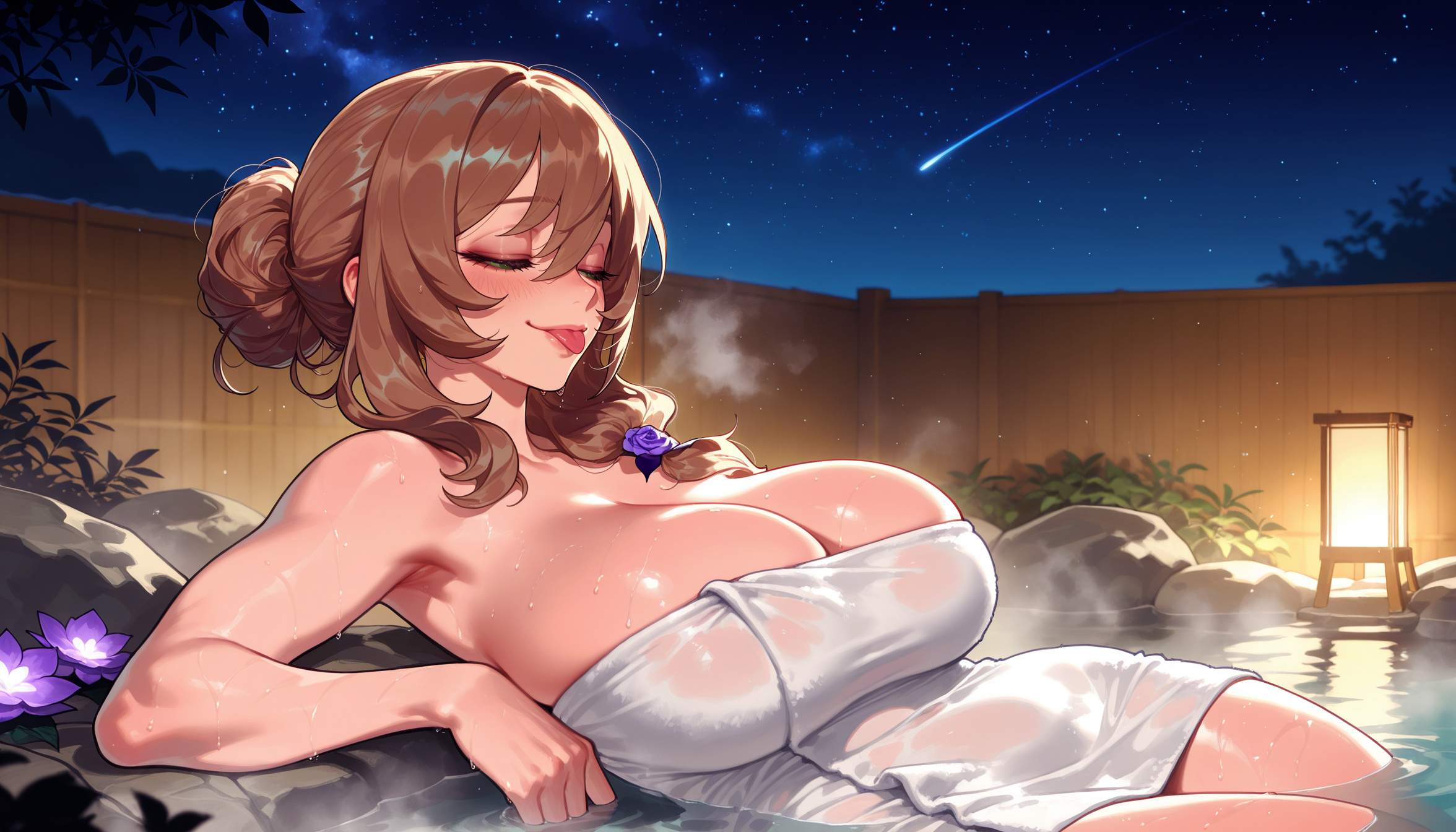 :p, 1girl, 1girls, ai generated, arabian clothes, arm support, armpits, balecxi, bare shoulders, bathing, blush, breasts, brown hair, cleavage, closed eyes, curvaceous, curvaceous female, curvaceous figure, curvy, curvy figure, female, female focus, fence, flower, genshin impact, hair between eyes, hair bun, hair flower, hair ornament, harem outfit, hoyoverse, huge breasts, lantern, large breasts, leaning back, lisa (genshin impact), long hair, mature, mature female, mihoyo, naked towel, night, night sky, onsen, outdoors, partially submerged, purple flower, reclining, rock, shooting star, sidelocks, single hair bun, sky, smile, solo, star (sky), starry sky, steam, tongue, tongue out, towel, voluptuous, voluptuous female, water, wet, wet towel, wooden fence