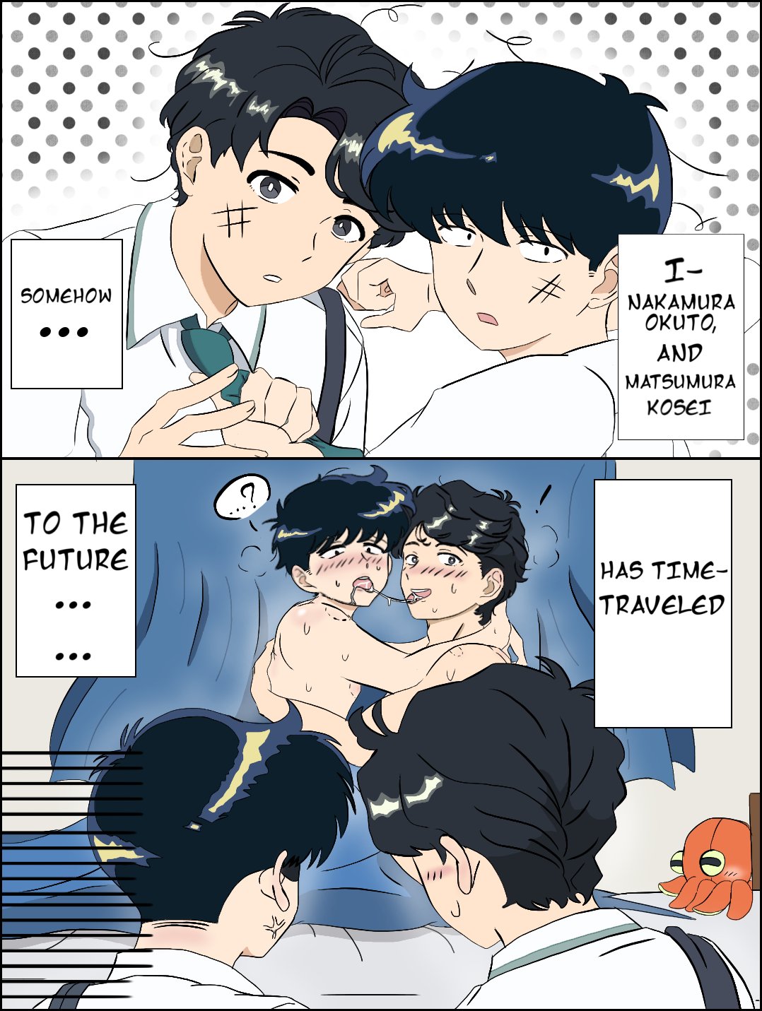 2boys, annoyed, before and after, blushing, caught, enemies to lovers, english text, fighting, gay, go for it, nakamura-kun!!, matsumura ko, nakamura okuto, plushie, rivals, saliva trail, somehow has time-traveled (meme), steam, sweat, tie, yaoi