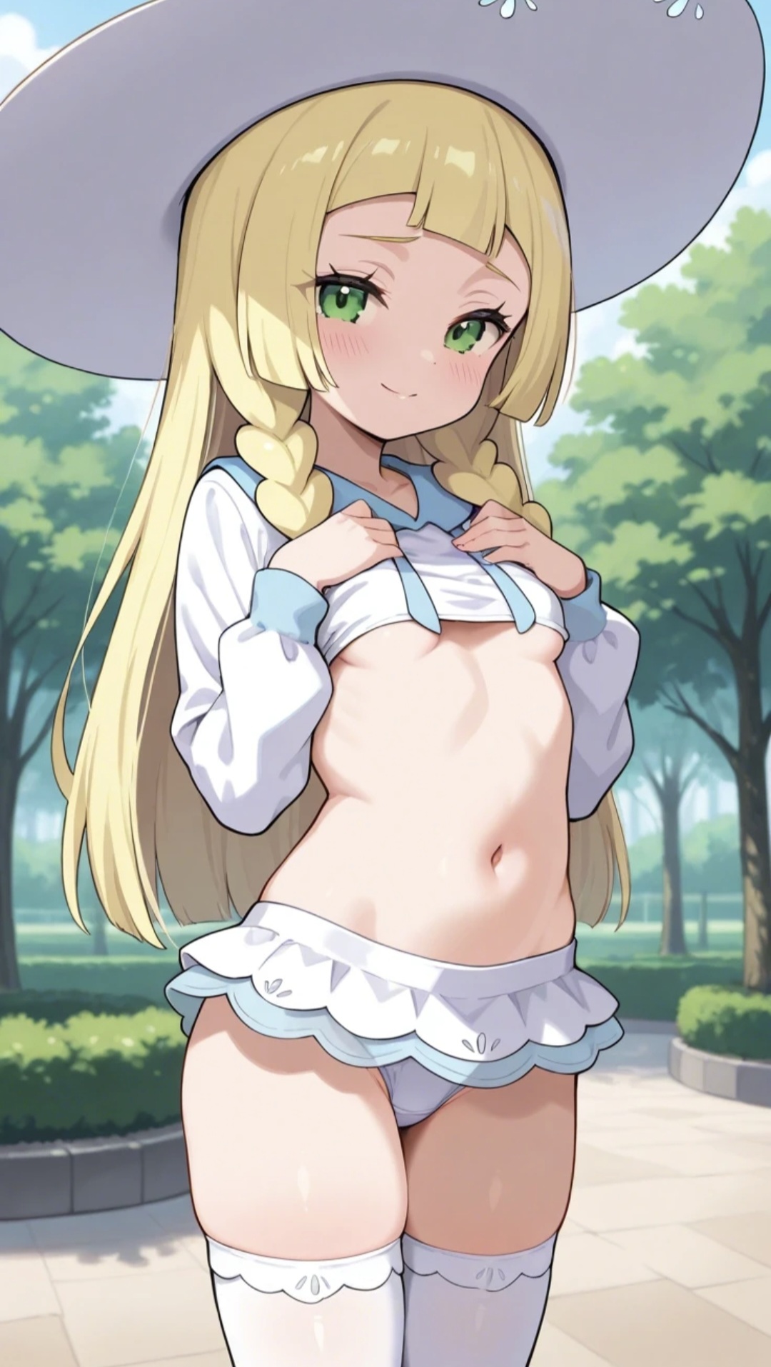 1girls, ai generated, bangs, big eyes, blonde, blonde female, blonde hair, blonde hair female, commentary request, crop top, cute, cute face, female, female focus, frilled skirt, girly, green eyes, hair, hand on breast, hand on chest, hands on breasts, hands on chest, hands on own chest, hat, hoodie, lia the busty redhead, lillie (pokemon), long hair, long sleeves, looking at viewer, microskirt, midriff, navel, outdoors, outside, panties, park, pelvic line, petite, petite body, petite breasts, petite female, pokemon, pokemon sm, seductive, seductive look, self upload, skirt, small breasts, smile, smiling, smiling at viewer, straight bangs, straight hair, sun hat, tagme, thighhighs, thighs, underboob, white clothing, white hat, white panties, white thighhighs