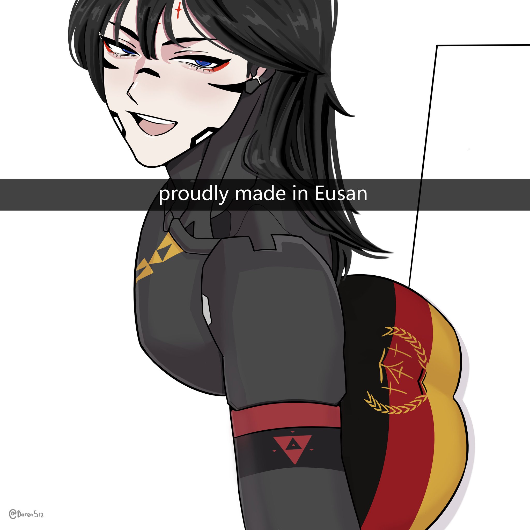 1girls, 2026, 2d, 2d (artwork), android, android girl, arched back, arching back, artist request, ass, ass against wall, ass focus, cyborg, cyborg girl, east germany, emp lines, english text, falke (signalis), female focus, female only, flag, flag bikini, flag underwear, german democratic republic, german flag, german flag bikini, germany, looking at viewer, military uniform, robot, robot girl, robot humanoid, selfie, selfie pose, signalis, smile, smiling, smiling at viewer, taking selfie, text, underwear, uniform, video game character