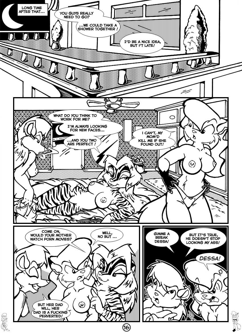 3girls after_sex anthro breasts canine comic comic_page dessa english_text feline female fox foxie fur furry hybrid lion max_blackrabbit monochrome page_16 page_number panties ramires skunk underwear zig_zag