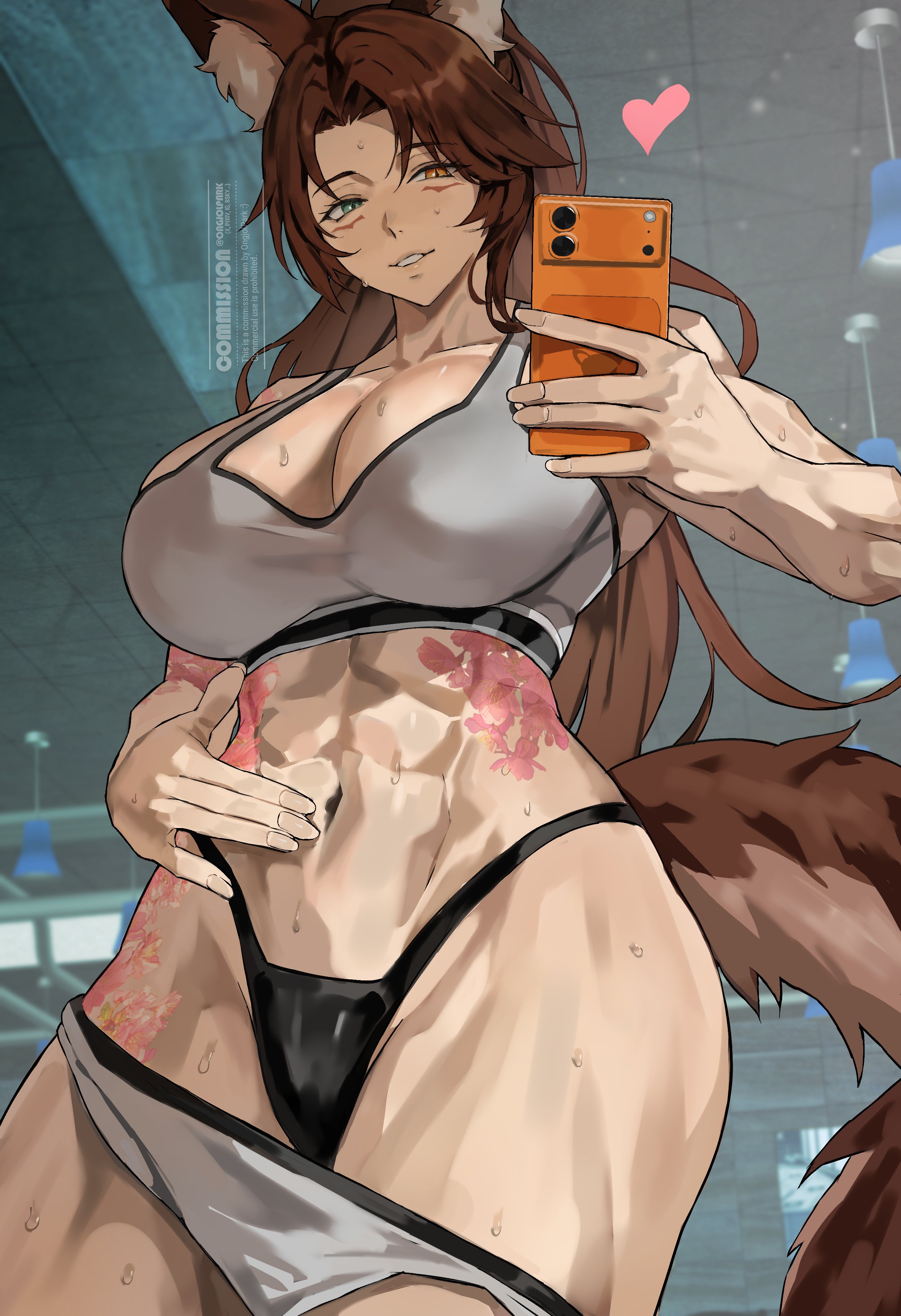 1girl, 1girls, abs, absurdres, animal ear fluff, animal ears, arm tattoo, breasts, brown hair, choker, facial mark, flower tattoo, green eyes, gym shirt, gym shorts, heterochromia, highres, holding, indie virtual youtuber, lady qathrin, lady qathrin (vtuber), large breasts, long hair, muscular female, ongjolpark, parted bangs, red eyes, shirt, shorts, solo, stomach tattoo, tail, tattoo, underwear, virtual youtuber, vtuber, wolf ears, wolf girl, wolf tail