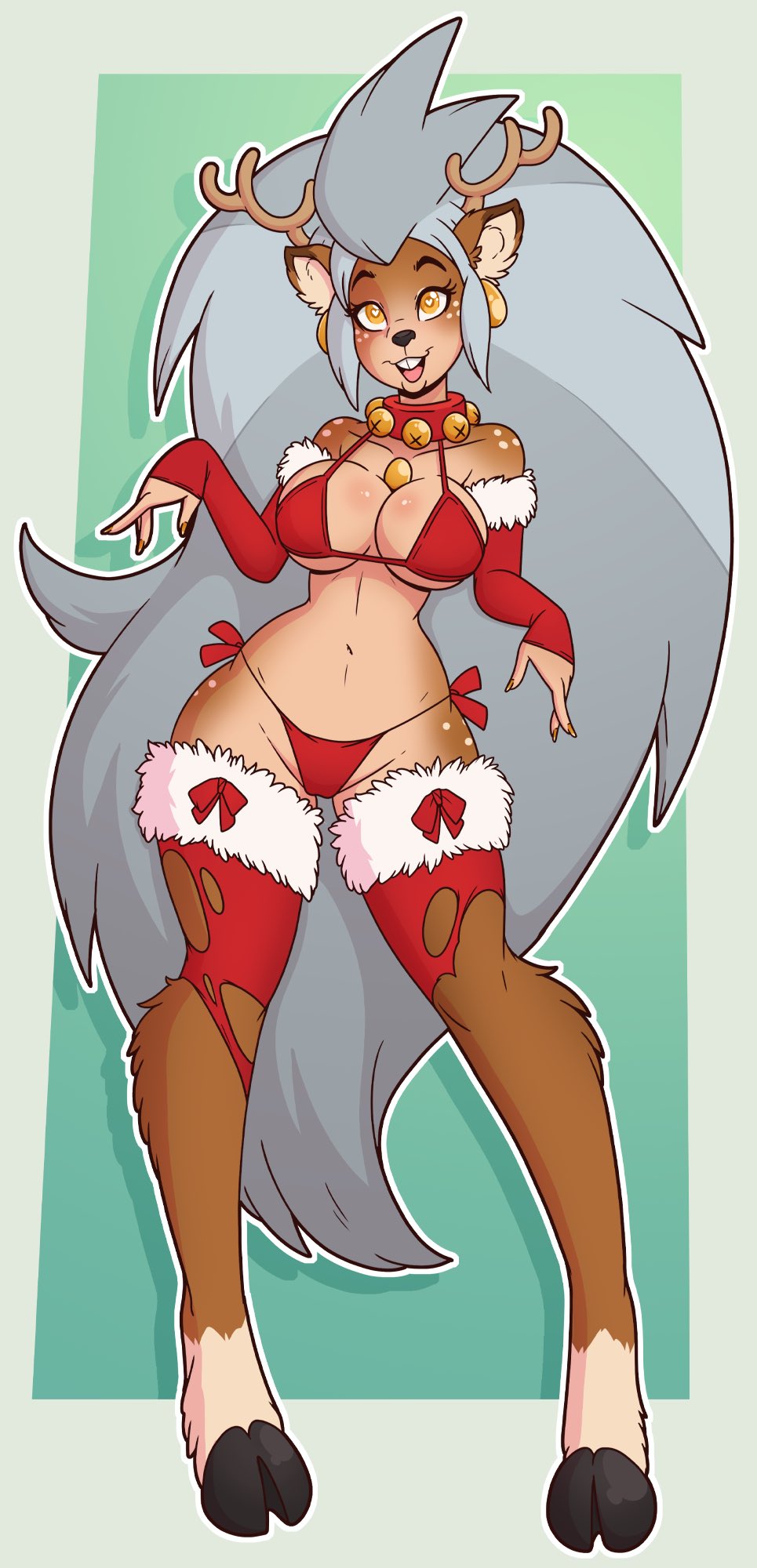 alternate form, anthrofied, antlers, bell, bell collar, big breasts, bikini, bikini bottom, bikini top, bra, breasts, christmas, clothed, collar, deer girl, eda clawthorne, edalyn clawthorne, female only, femsub, furry, happy trance, heart eyes, heart-shaped pupils, looking at viewer, multicolored hair, navel, nude, open mouth, opera gloves, panties, reindeer, reindeer girl, silver hair, smile, solo, standing, the owl house, torn clothes, transformation, underwear, very long hair, wrenzephyr2