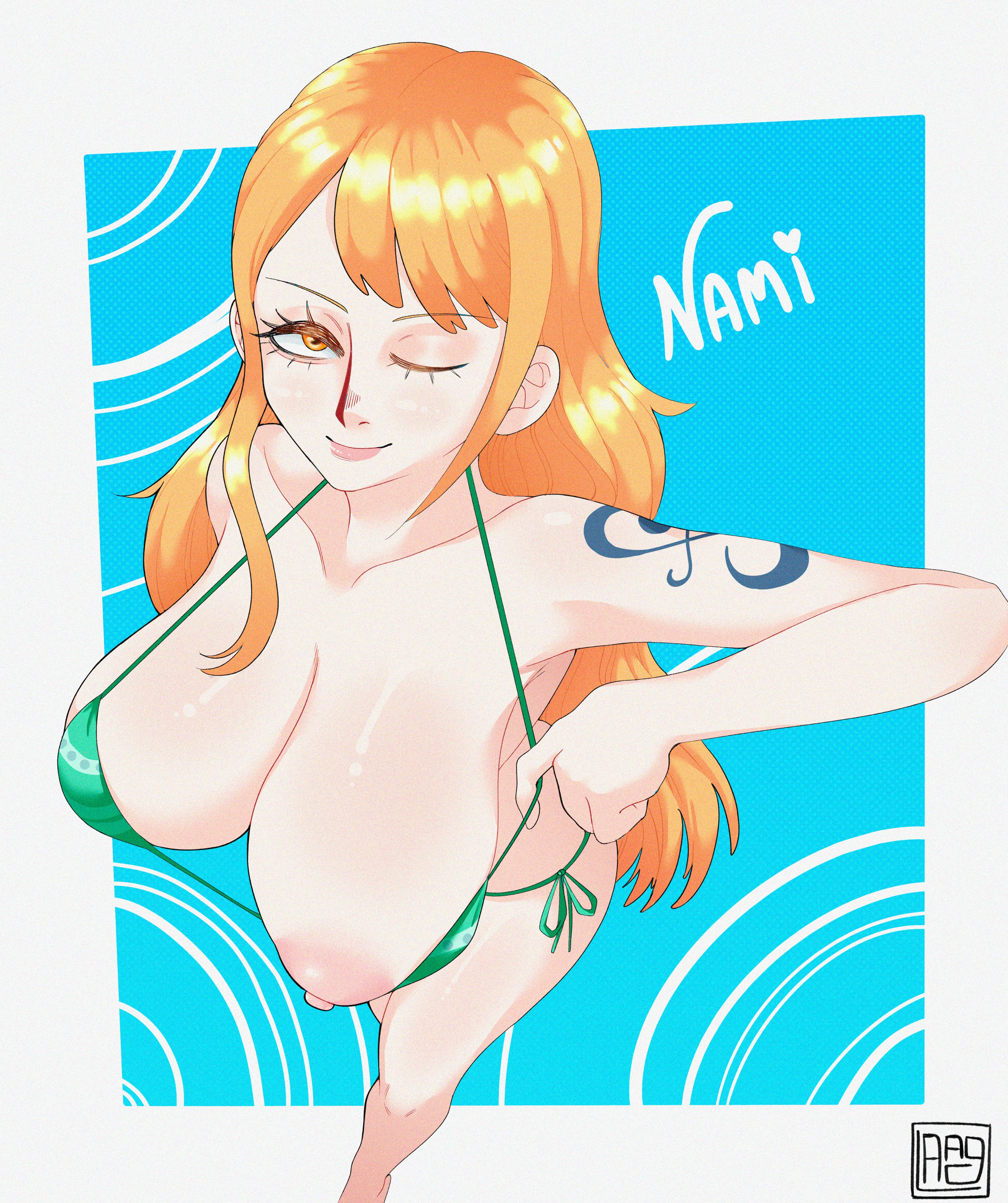 1girls, 2d, 2d (artwork), big ass, big breasts, big nipples, big thighs, bikini, colored, digital drawing (artwork), female, female only, laag, nami (one piece), one piece, red hair, shiny skin, teasing, teasing viewer, wink