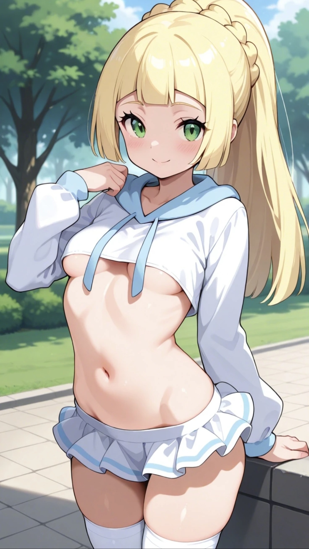 1girls, ai generated, bangs, big eyes, blonde, blonde female, blonde hair, blonde hair female, commentary request, crop top, cute, cute face, female, female focus, frilled skirt, girly, green eyes, hair, hoodie, lia the busty redhead, lillie (pokemon), long hair, long sleeves, microskirt, midriff, navel, outdoors, outside, park, pelvic line, petite, petite body, petite breasts, petite female, pokemon, pokemon sm, ponytail, self upload, skirt, small breasts, straight bangs, straight hair, tagme, thighhighs, thighs, underboob, white clothing, white thighhighs