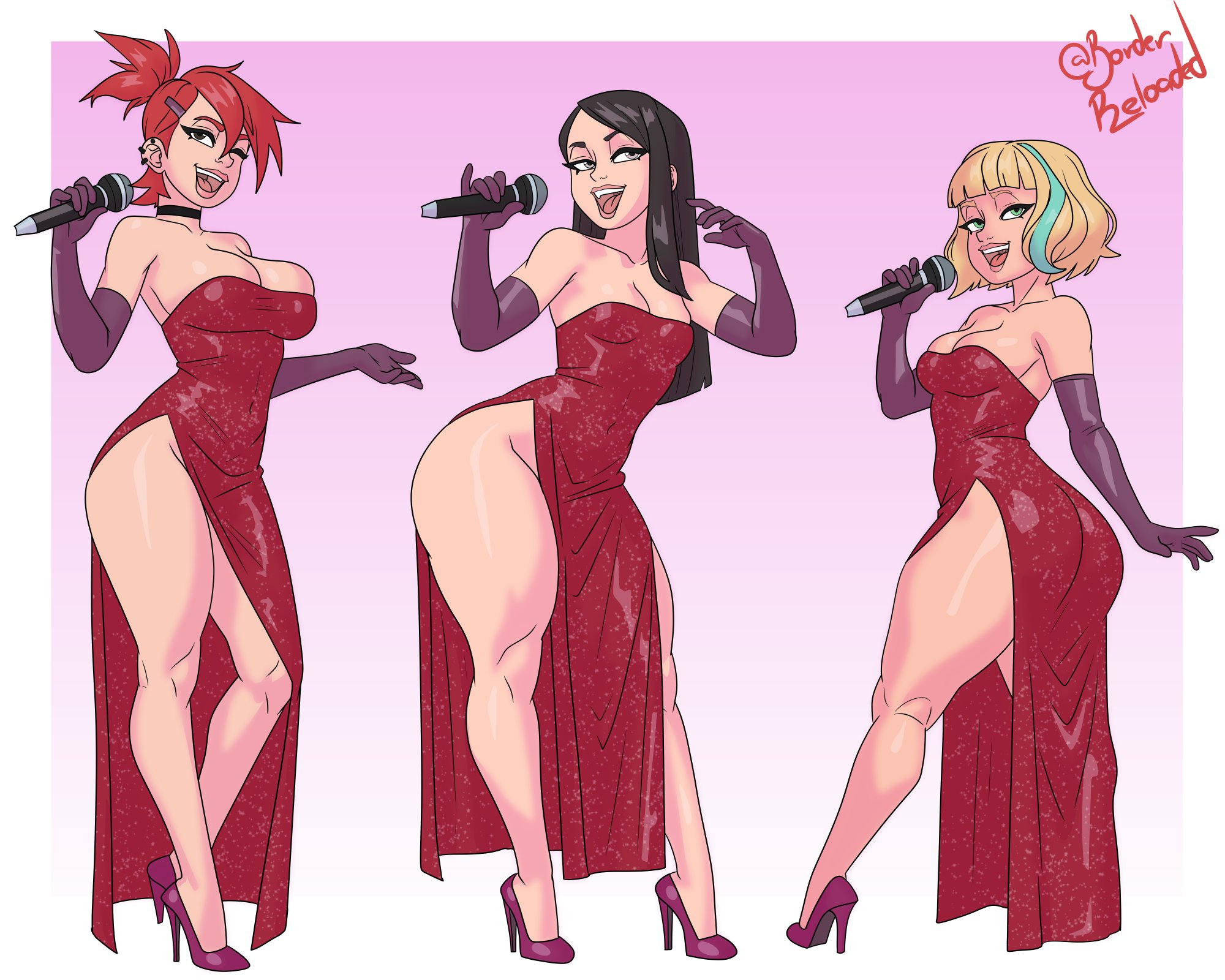 2d, 3girls, 5:4, ass, bare shoulders, big ass, big breasts, black hair, blonde hair, borderreloaded, breasts, busty, cartoon network, cleavage, cleavage cutout, cosplay, crossover, disney, dress, female, female only, foster's home for imaginary friends, frankie foster, green eyes, heather (tdi), high heels, hourglass figure, jackie lynn thomas, jessica rabbit (cosplay), long hair, medium breasts, microphone, multicolored hair, multiple girls, red dress, red hair, short hair, singing, small breasts, star vs the forces of evil, total drama island, turquoise hair, who framed roger rabbit, wide hips