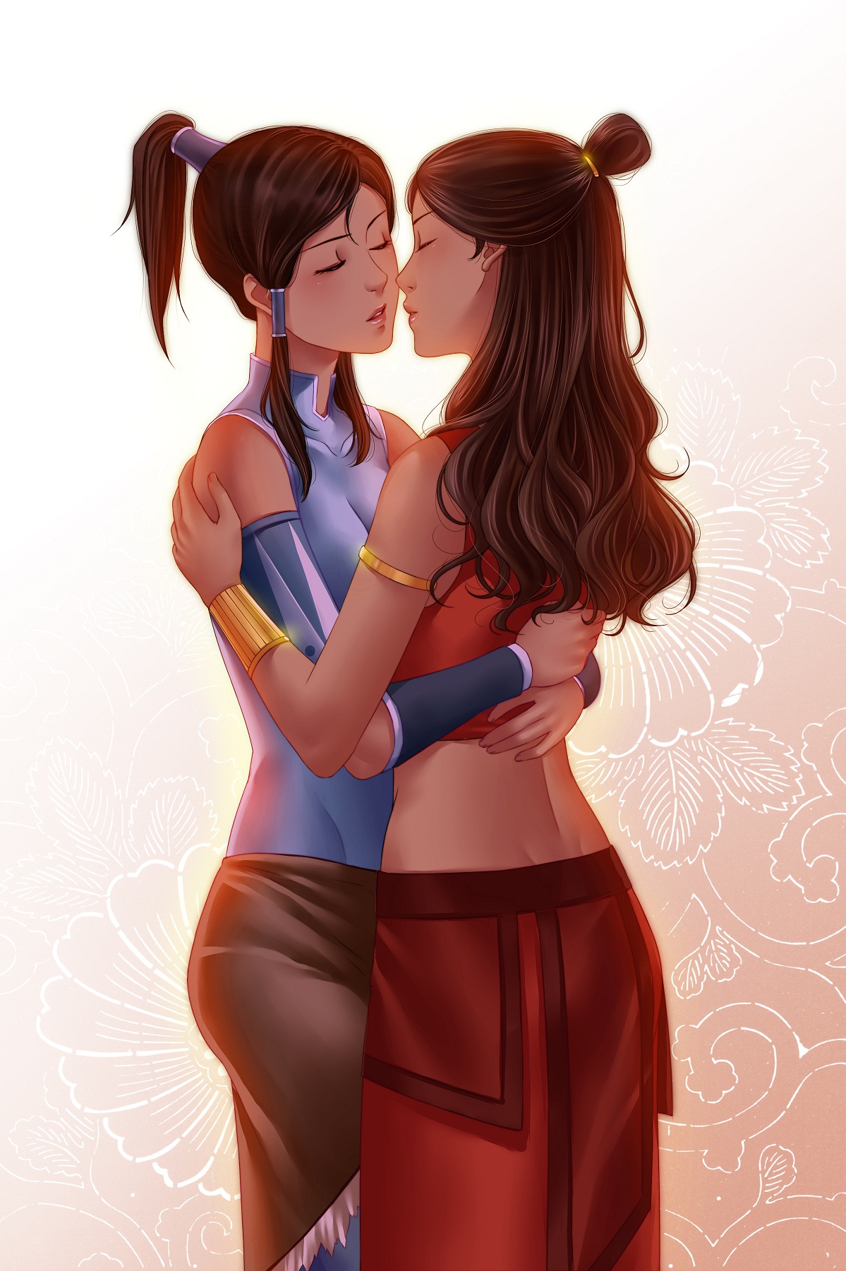 2girls, alexiela, armband, avatar legends, avatar the last airbender, blush, breasts, brown hair, closed eyes, clothing, dark skin, dark-skinned female, female, female only, fire nation clothing, hair tubes, highres, hourglass figure, hug, human, imminent kiss, katara, korra, lesbian, long hair, midriff, multiple females, multiple girls, nickelodeon, ponytail, small breasts, straight hair, the avatar, the legend of korra, tied hair, time paradox, topknot, water tribe, yuri