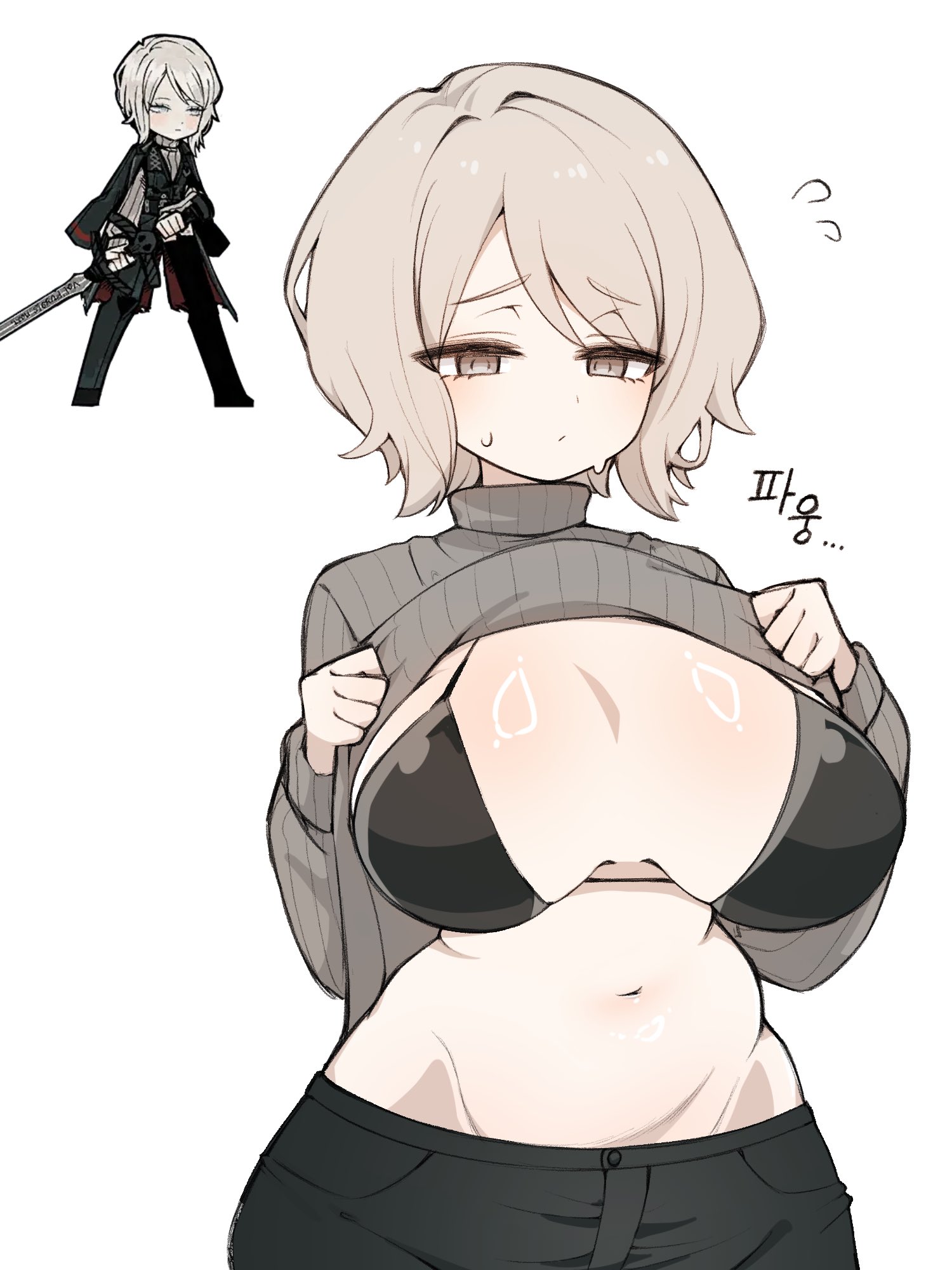 1girls, 2d, belly, belly button, big breasts, black bra, blue eyes, bra, breasts, breasts out, digital media (artwork), faust (limbus company), female, female only, hips, hips wider than shoulders, human, jeans, korean text, limbus company, looking at viewer, project moon, shiny skin, shirt lift, shy, simple background, solo, sweat, tummy, video games, white background, white hair