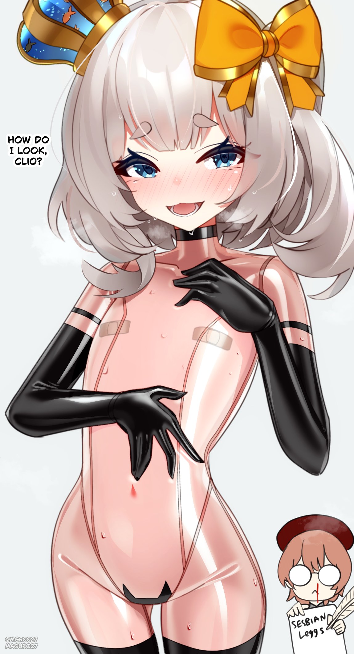 2girls, black thighhighs, blonde hair, blue crown, blue eyes, blush, bodysuit, bow, choker, clio aite, crown, female, flat chest, gloves, hair bow, highres, latex, maguro27, marimari (vtuber), marimari en, multiple girls, open mouth, orange bow, pasties, phase connect, see-through bodysuit, see-through clothes, short eyebrows, side ponytail, sweat, thighhighs, virtual youtuber, vtuber, white background