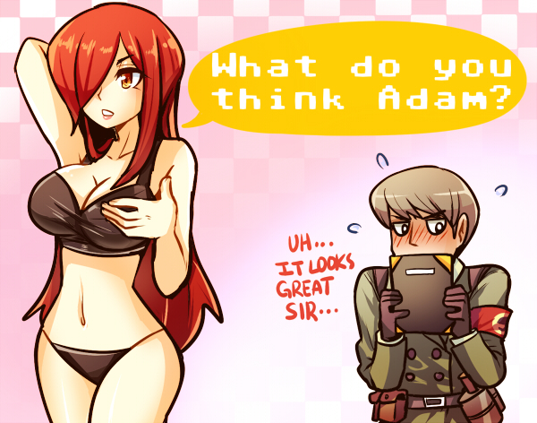 1girls adam_kapowski armband bikini black_bra black_panties blush bra breasts cleavage clothed_male embarrassed english female full-face_blush hair_over_one_eye hourglass_figure huge_breasts kataro long_hair military military_uniform navel panties parasoul red_hair skullgirls strapless_bra underwear underwear_only uniform yellow_eyes